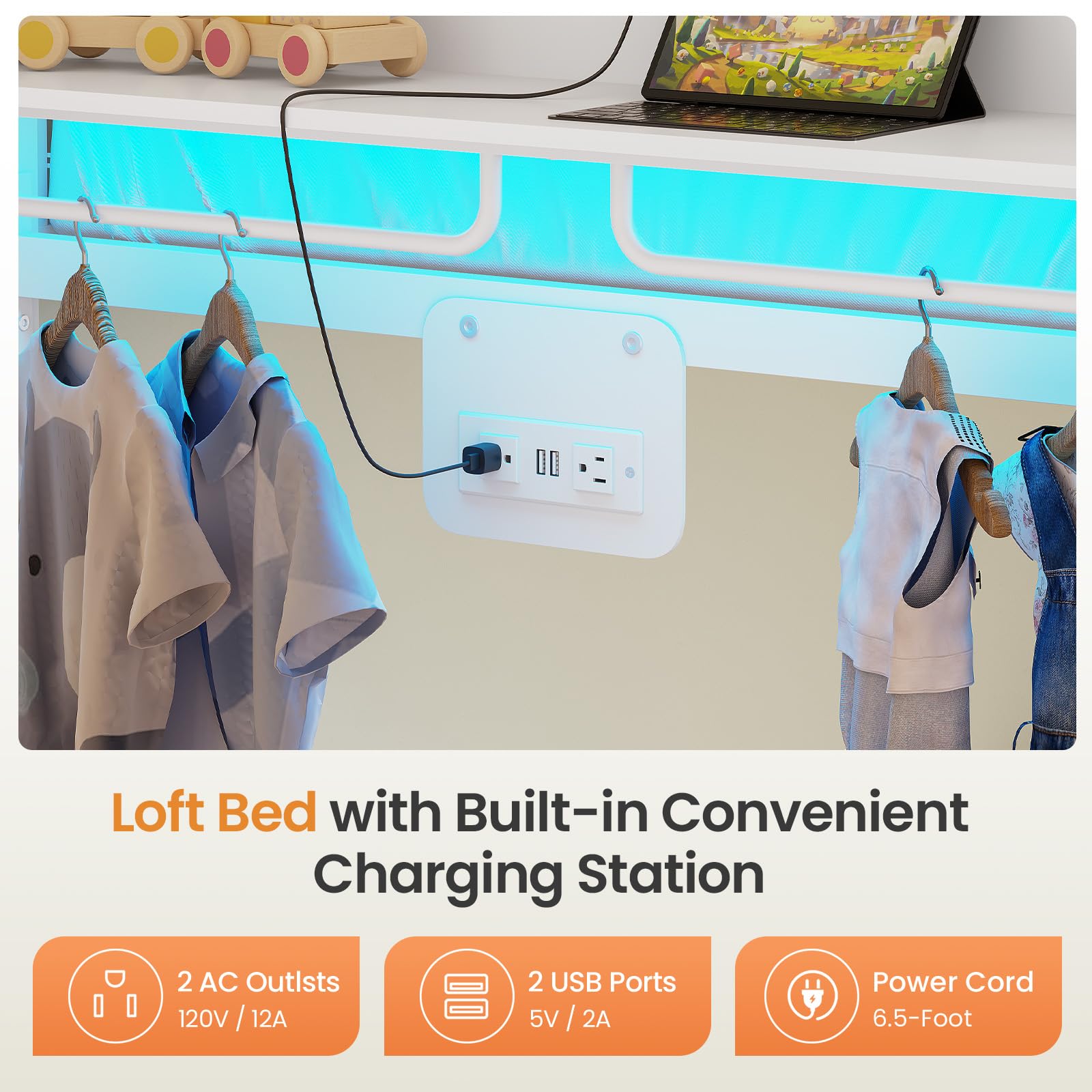 Itaar Metal Bunk Bed Full Over Full with Hall Tree, Power Outlet, LED Bunk Bed with 6 Storage Drawers, Bed with 13‘’ Safety Guardrail & Ladders for Kids and Teen, 400lb Weight Capacity, White