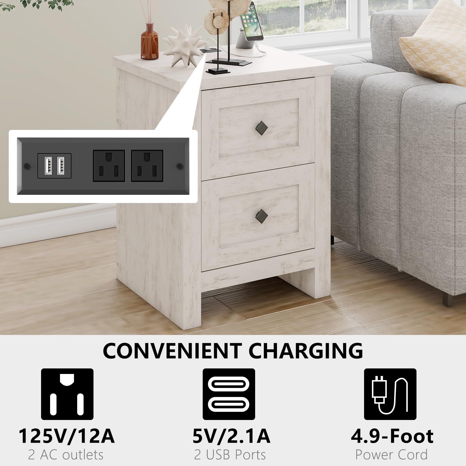 LUXOAK Nightstand Set of 2 with Charging Station, Farmhouse Night Stand with 2 Drawers Storage Cabinet, Rustic Wood Sofa Side Table for Bedroom, Office, Rustic White