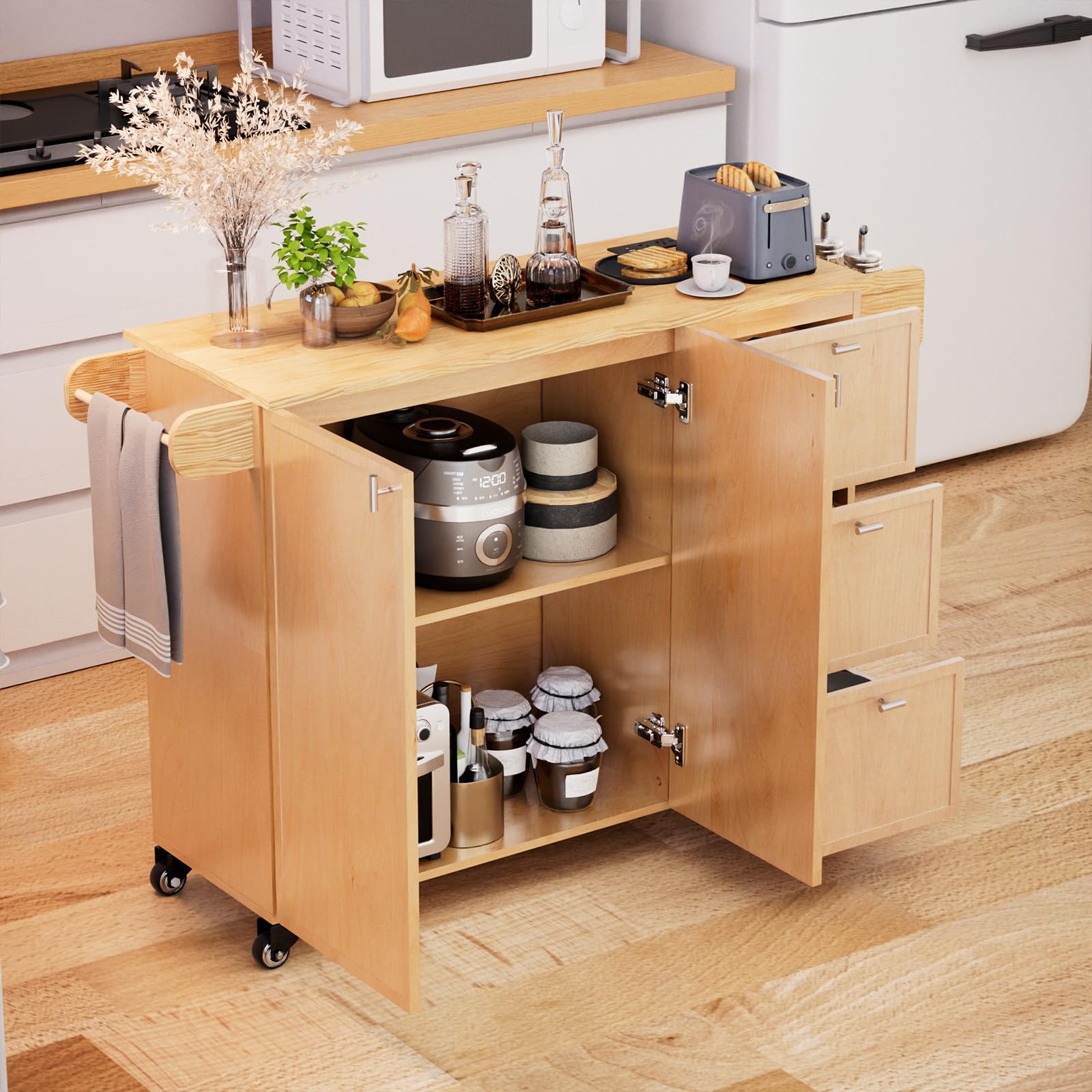 Kitchen Island with Storage, Rolling Kitchen Island on Wheels with Drawers and Doors, Mobile Kitchen Island with Towel Rack and Spice Rack, Wood Top Kitchen Cart with Power Outlet for Kitchen (Oak)