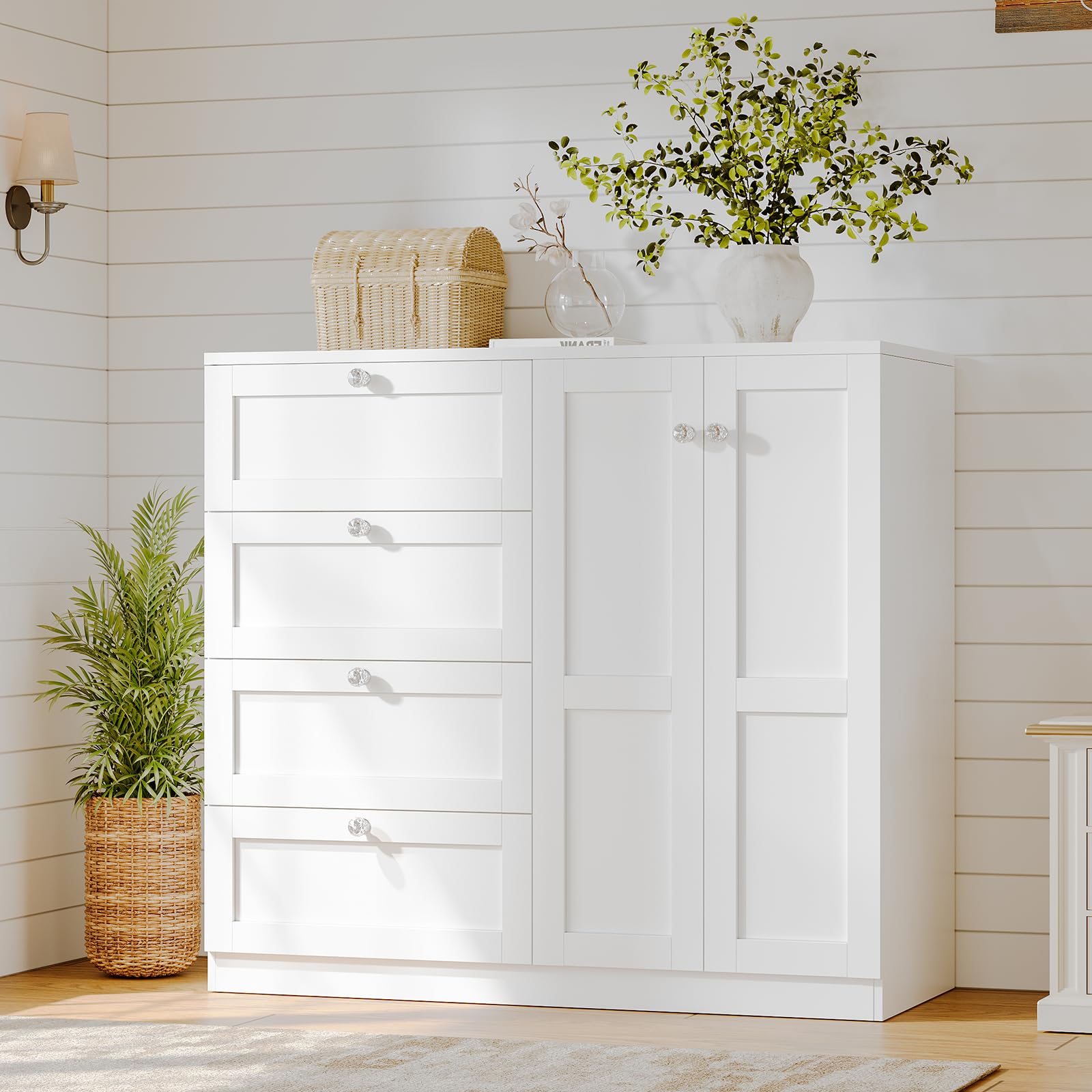 VOWNER Armoire Wardrobe Closet with 4 Drawers and 2 Doors, 43''H Clothing Storage Cabinet Dresser with Hanging Rod, Cothes Wardrobe for Bedroom, Baby Closet, White