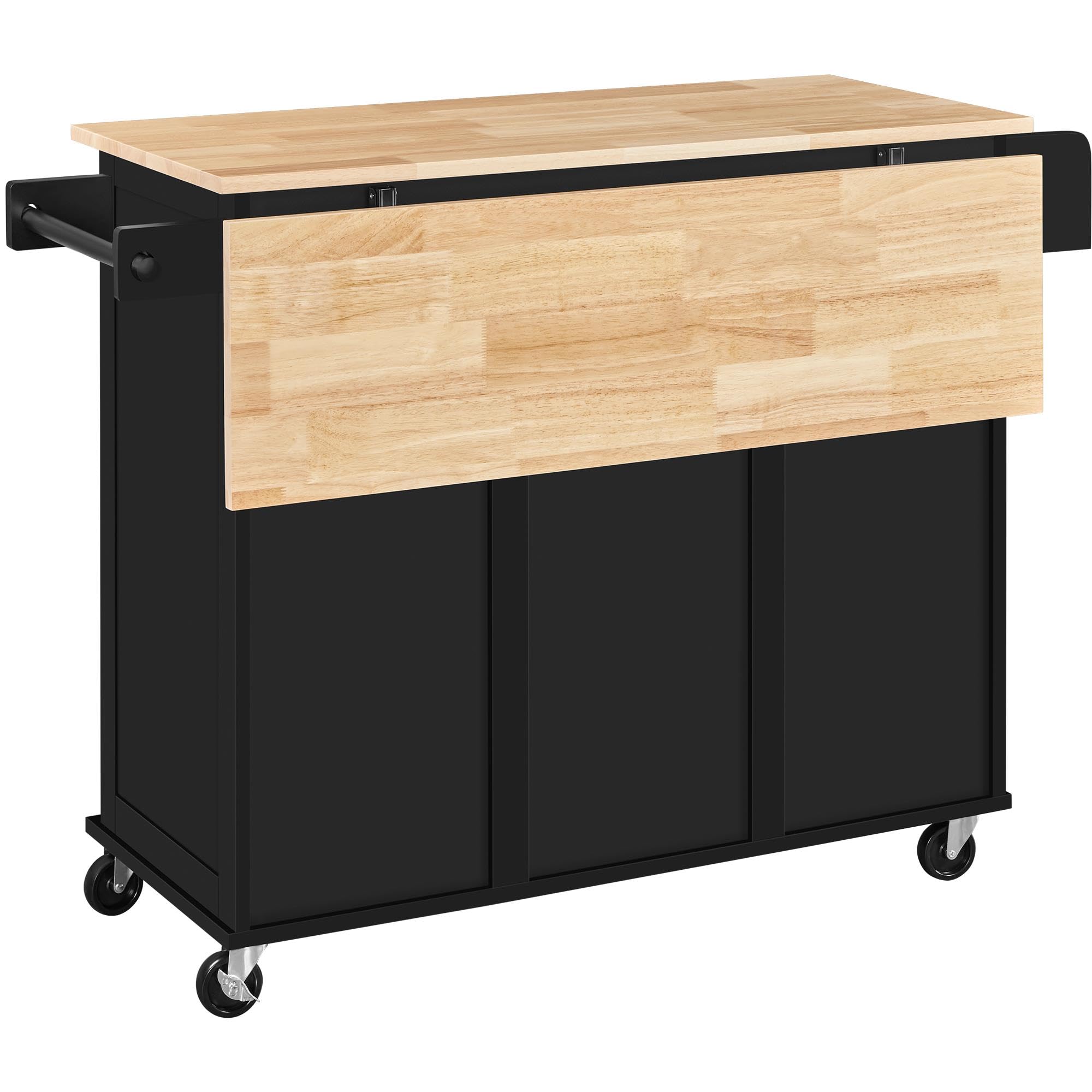 Yaheetech Kitchen Island Cart with Drop Leaf, 49" Rolling Island Table with Storage, Drawer, Kitchen Cart with Rubberwood Top, Detachable Towel & Spice Rack, Black