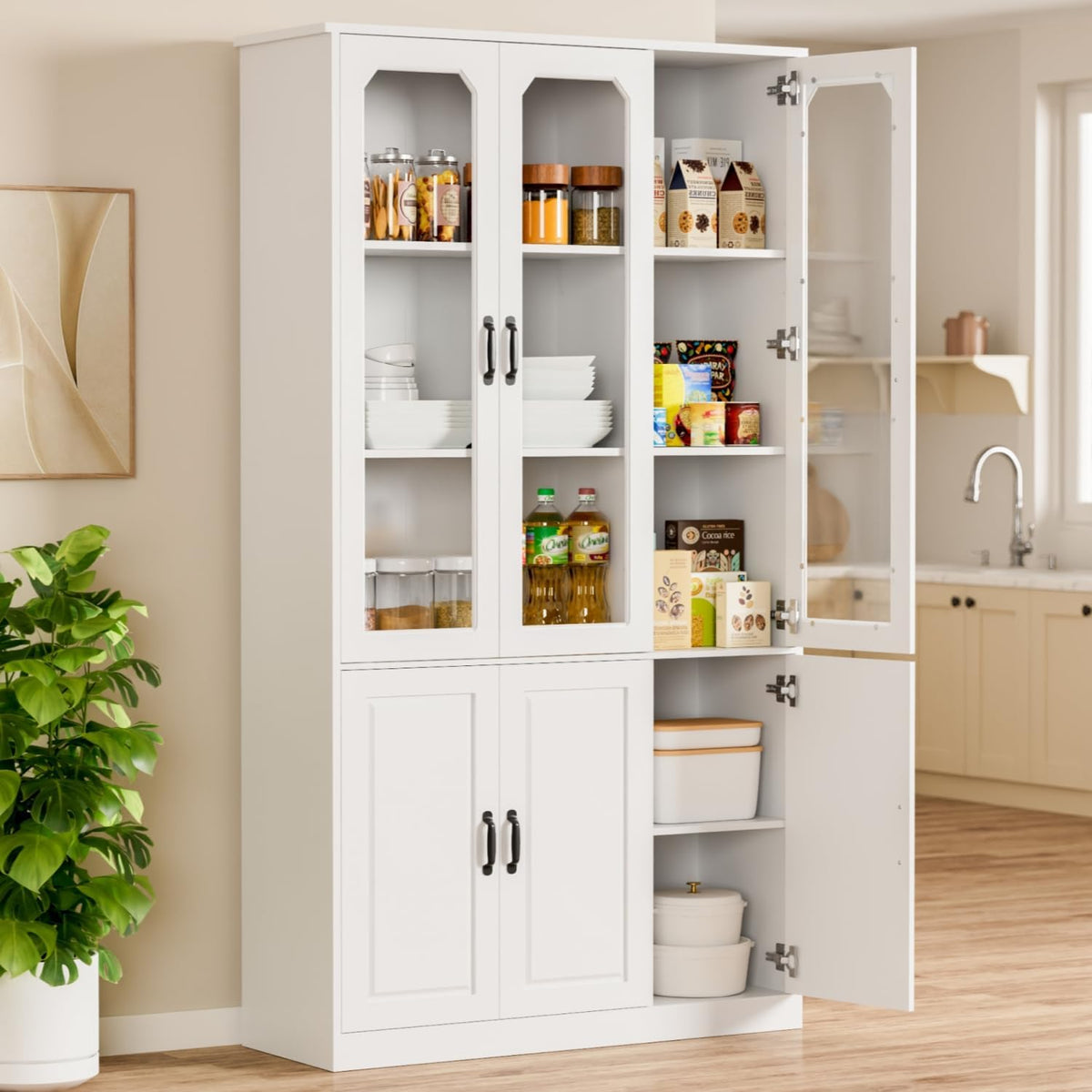 IdeaKey White Kitchen Pantry Cabinet, 78.7" Tall China Cabinet with Glass Doors and Adjustable Shelves, Wooden Display Cabinet for Dining, Living Room, White