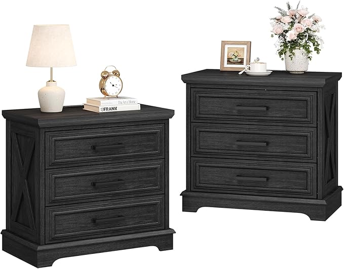 3-Drawer Farmhouse Nightstand with Charging Station