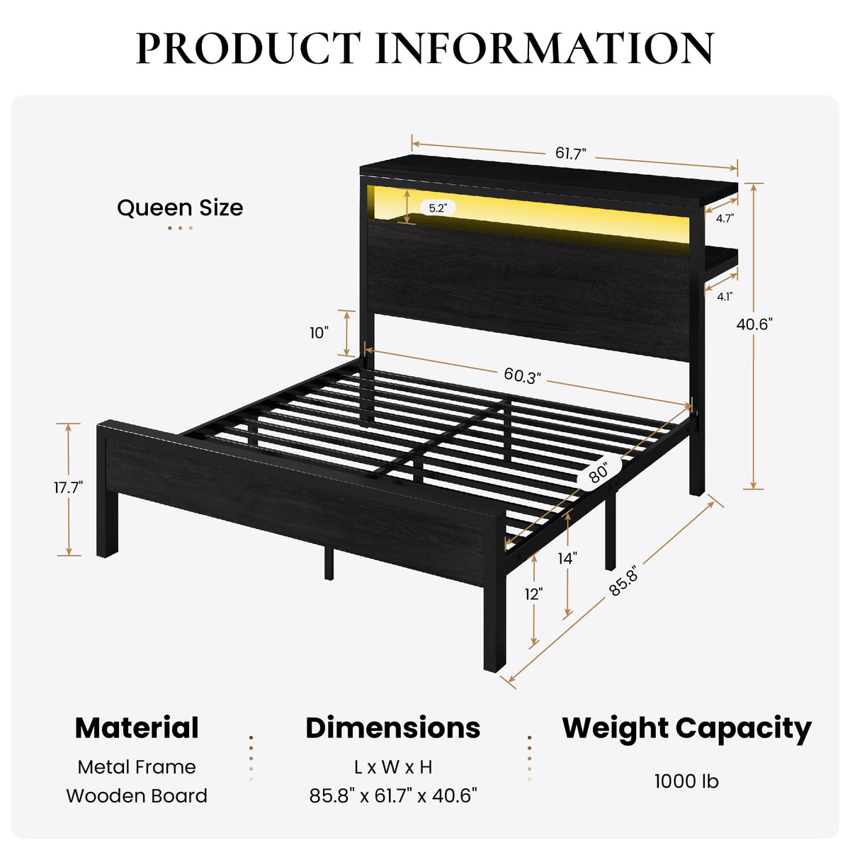 SHA CERLIN Queen Bed Frame, 2-Tier Storage Headboard, LED, Charging Station