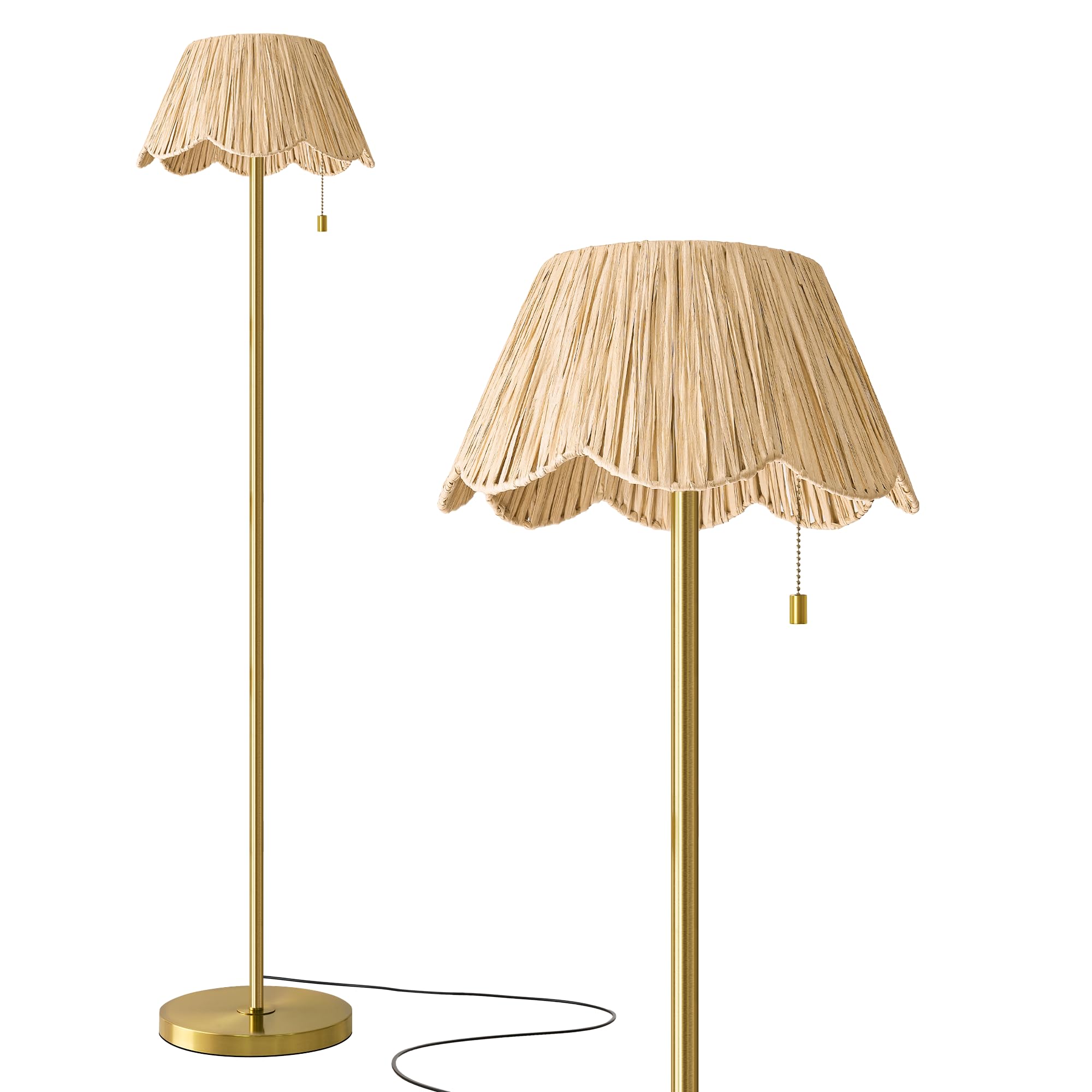 OYEARS 65" Boho Floor Lamps for Living Room, Rattan Floor Lamp, Pull Chain Switch, Gold Standing Lamp with Hand-Woven Shade, Farmhouse Tall Lamps for Nursery, Metal Base&Pole, Bulb not Included, Gold
