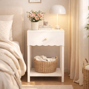 Xylavate Cute White Nightstand with Drawer and Open Shelf, Scalloped Edge Design Bedroom Bedside Table, Wood End Table for Kids Girls Bedroom, White