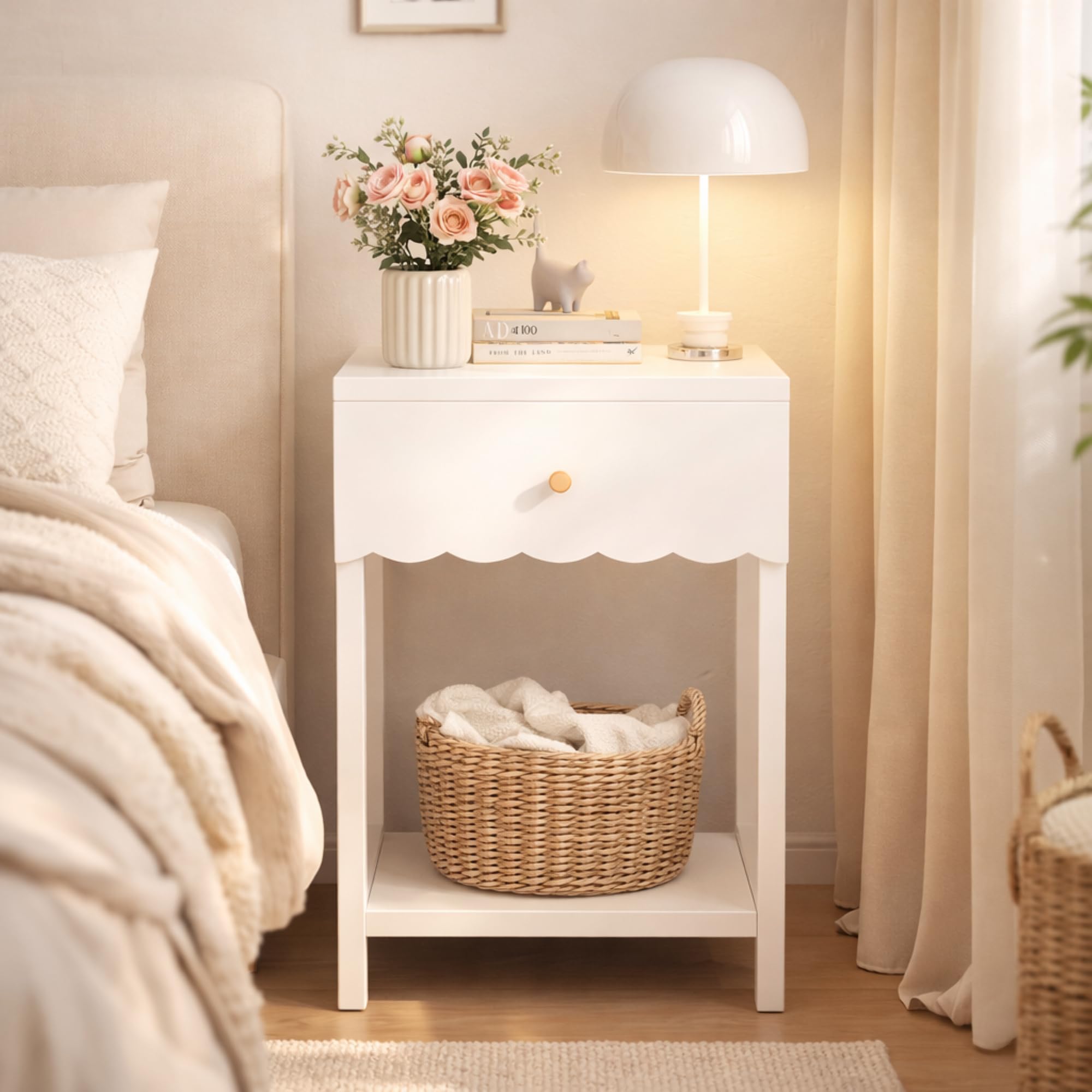 Xylavate Cute White Nightstand with Drawer and Open Shelf, Scalloped Edge Design Bedroom Bedside Table, Wood End Table for Kids Girls Bedroom, White