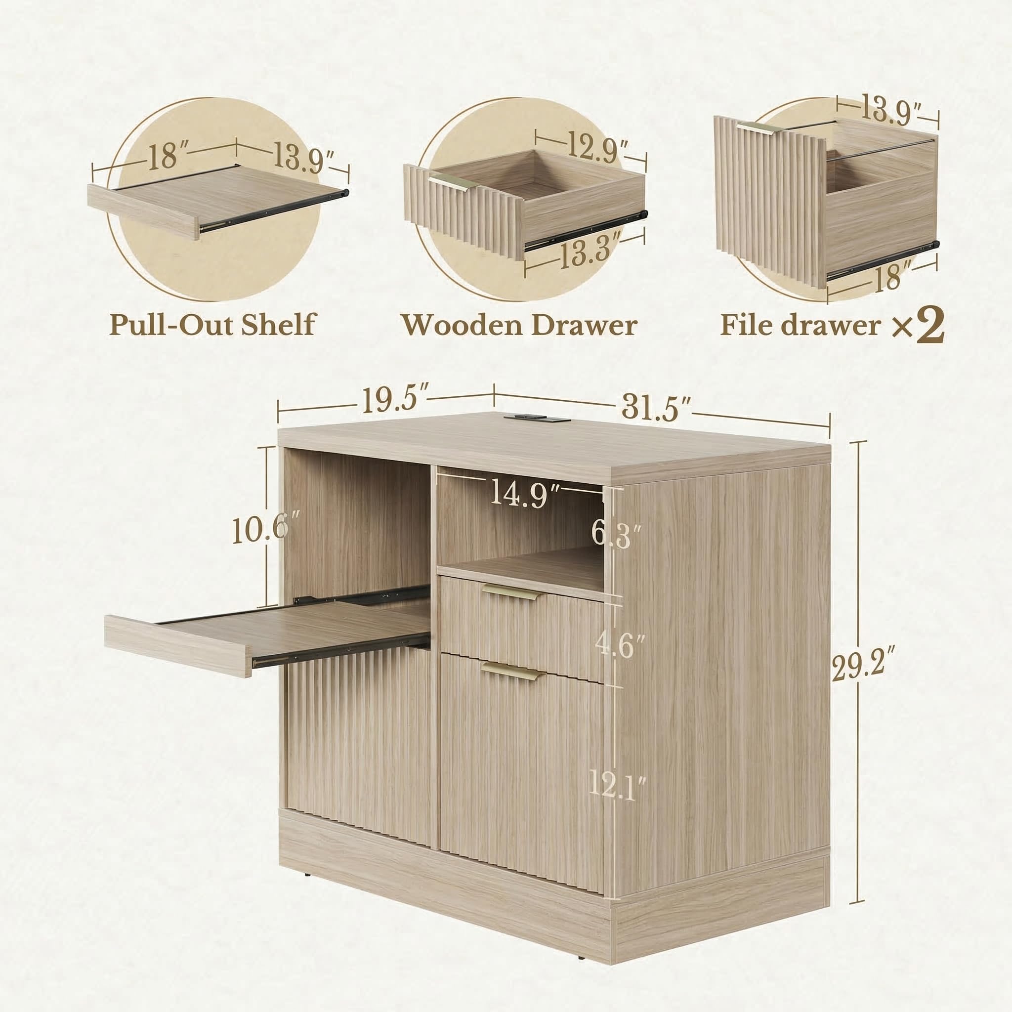3-Drawer File Cabinet with Charging Station & Open Shelves