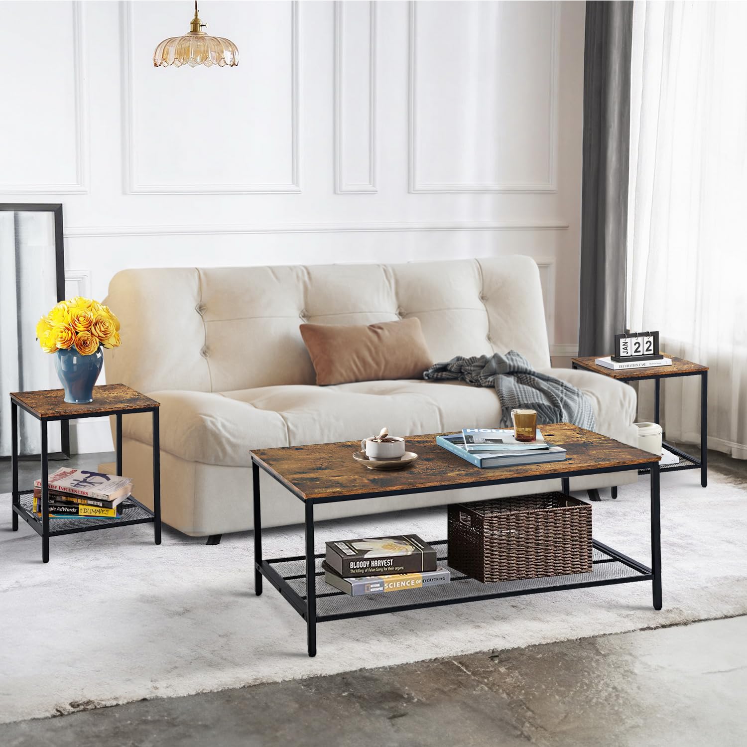 3-Piece Coffee & End Table Set with Metal Frame