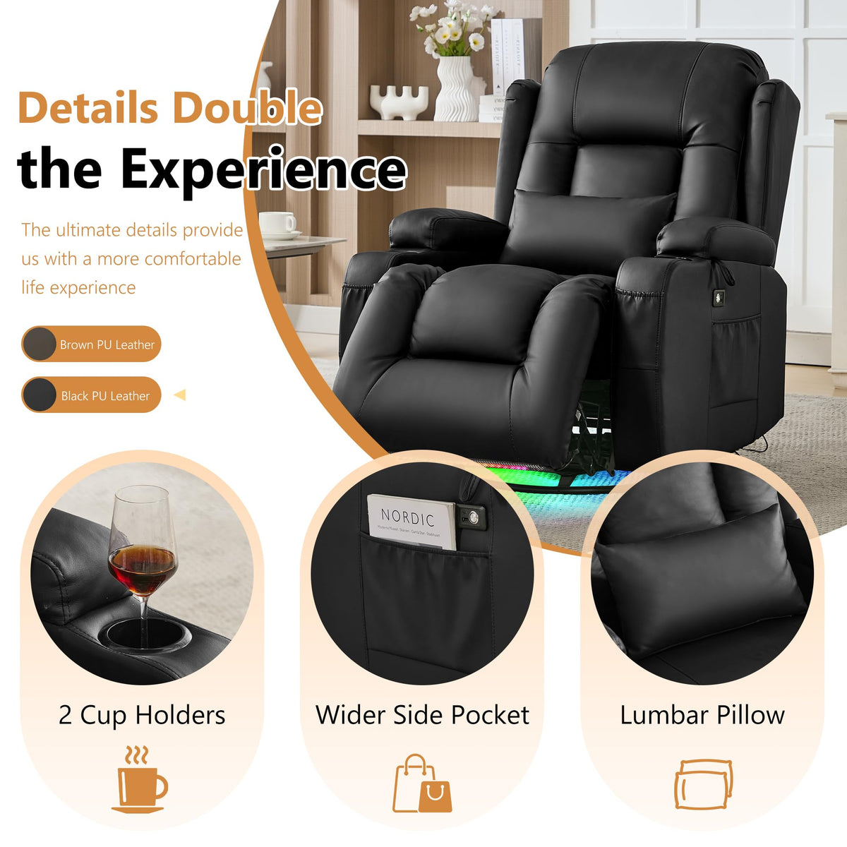 URRED Swivel Rocker Recliner Chair with LED Ambient Lights for Adults，Black