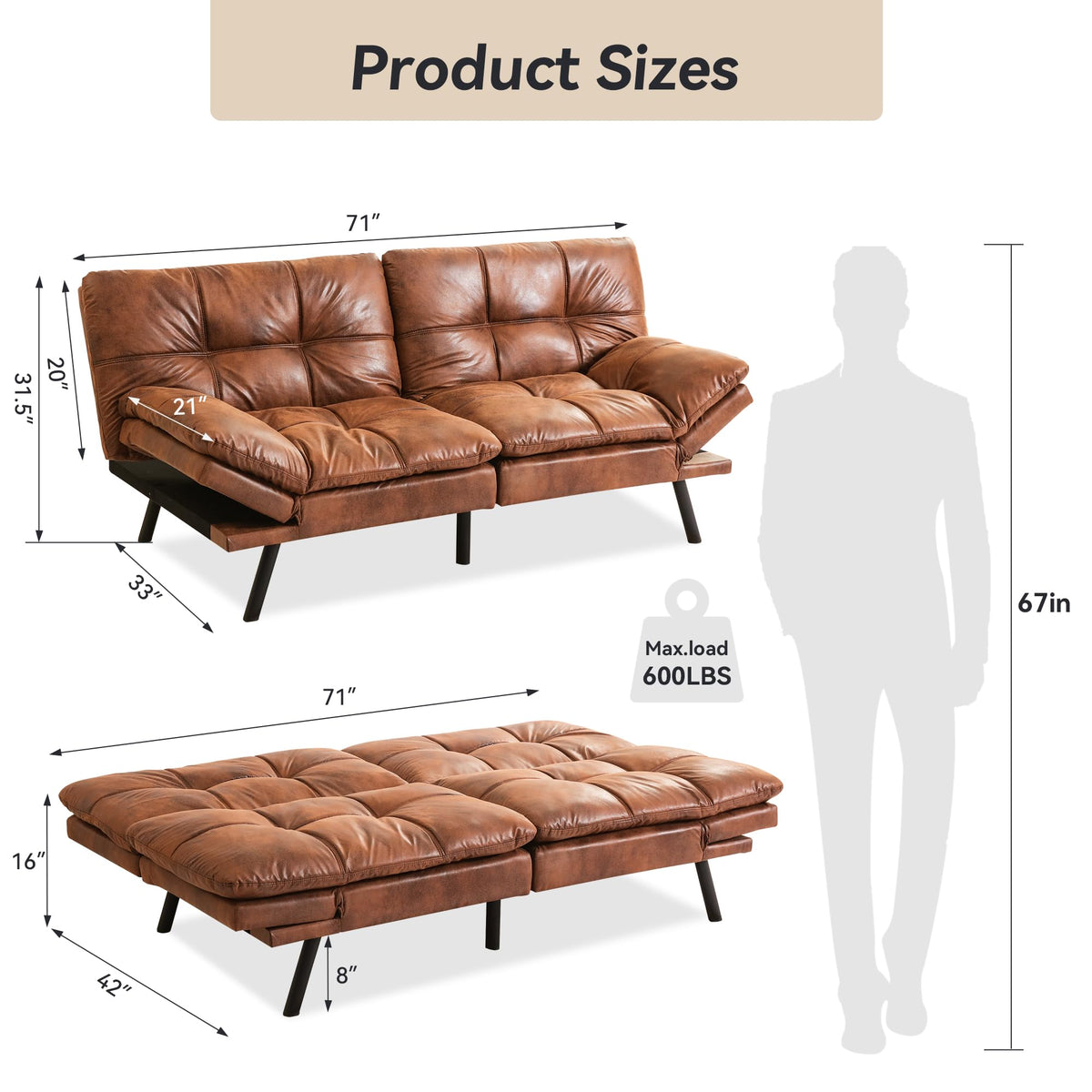 AMICLIBER 71" Convertible Futon Sofa Bed,Brown Faux Leather Futon Couch