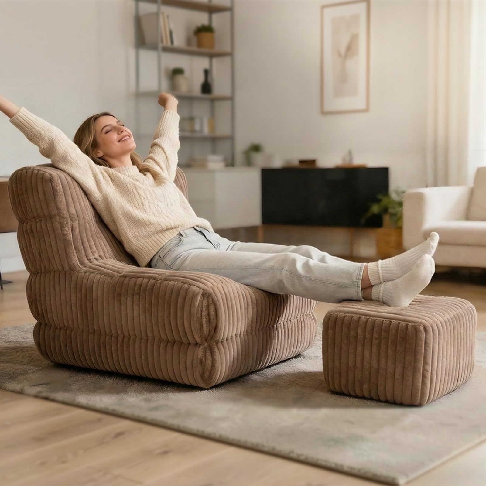 Corduroy Bean Bag Chair with Ottoman Floor Sofa