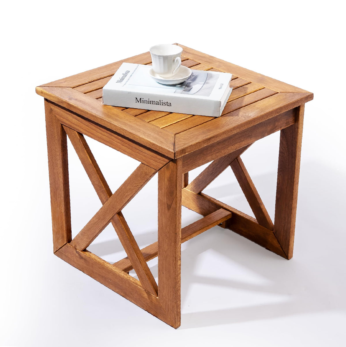 ARROWSTONE 100% Acacia Wood Small Table, Side Table for Indoor & Outdoor Space, Patio, Poolside, Garden, Living Room (X-braced Style)