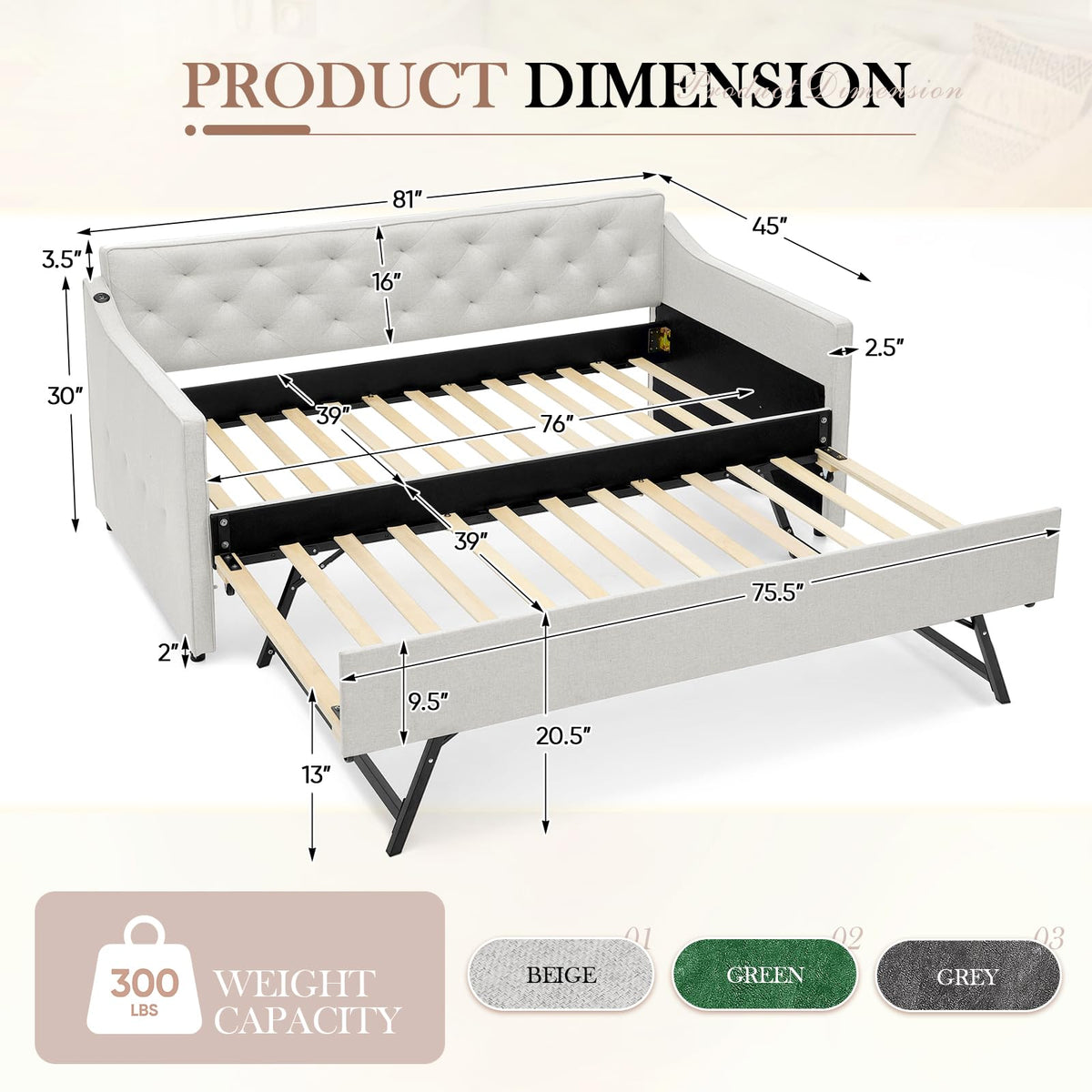 Antetek Daybed with Pop up Trundle, Fabric Upholstered Twin Size Day Bed Pull-Point Sofa Daybed Frame w/Twin Roll-Out Trundle/USB Port, Furniture for Bedroom, Living Room, Guest Room, Beige