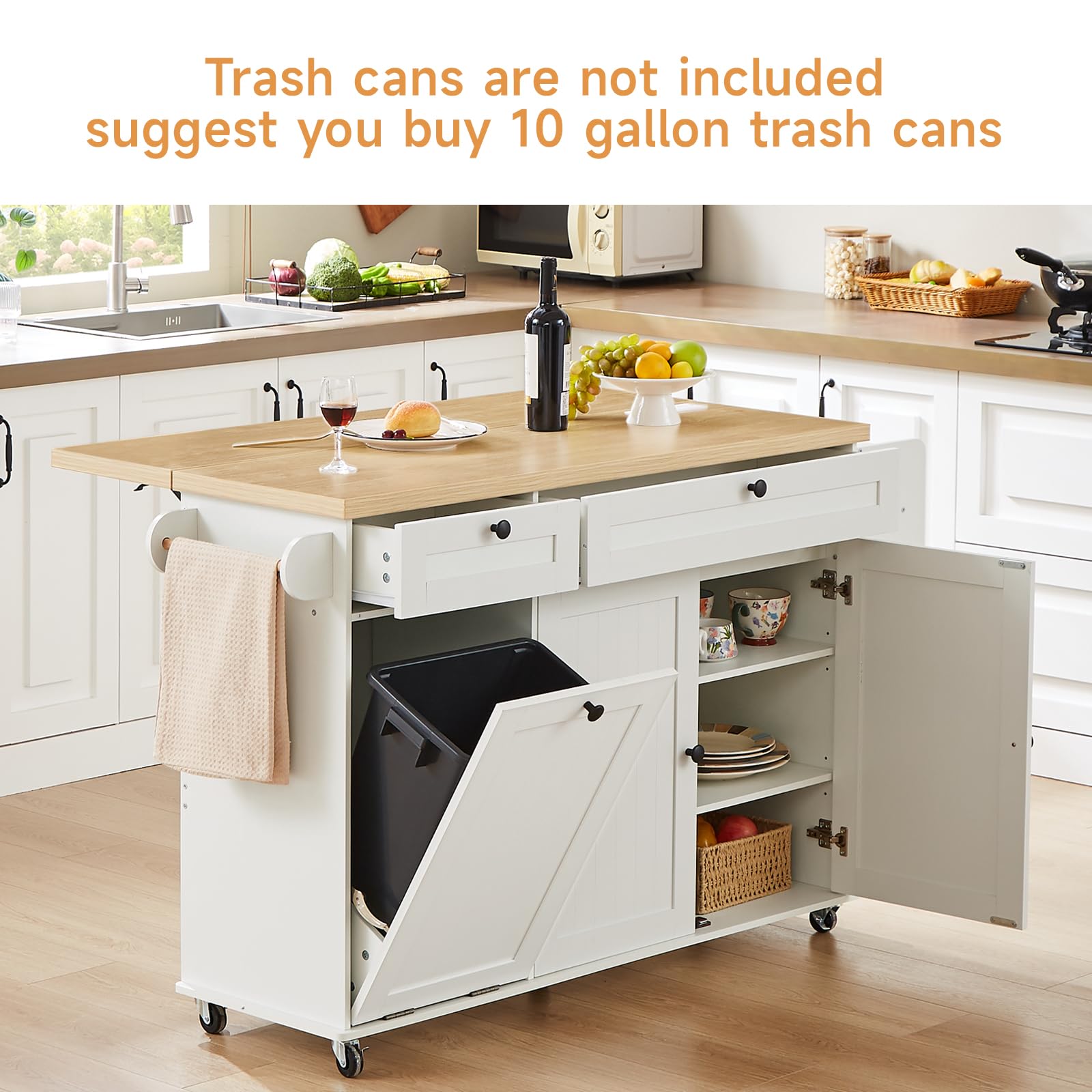 60" Rolling Kitchen Island with Power Outlet & Drop Leaf