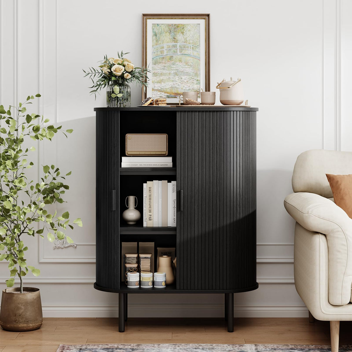 ONBRILL 44" Tall Sideboard Storage Buffet Cabinet with Sliding Door, Black