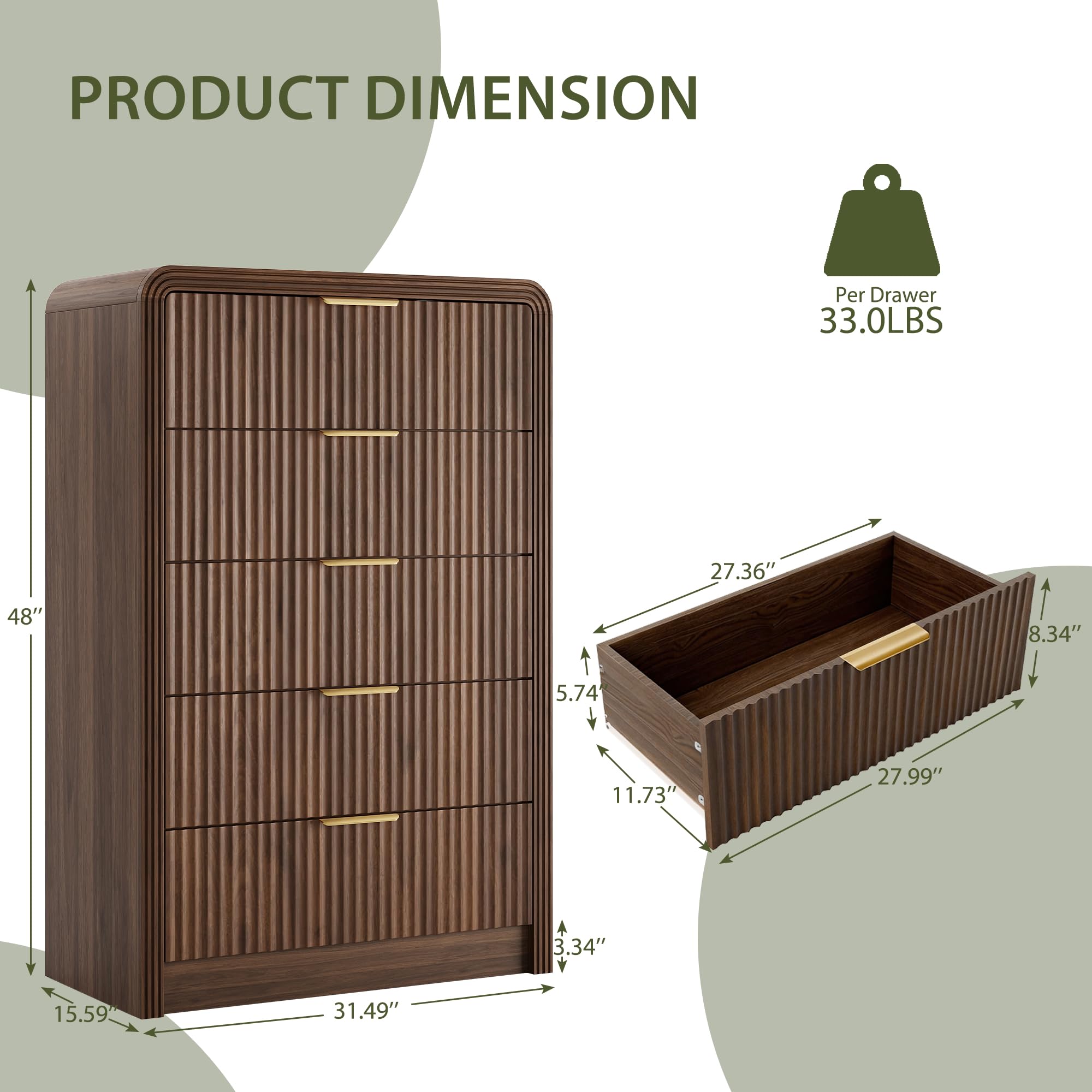 5-Drawer Fluted Dresser with Metal Handles