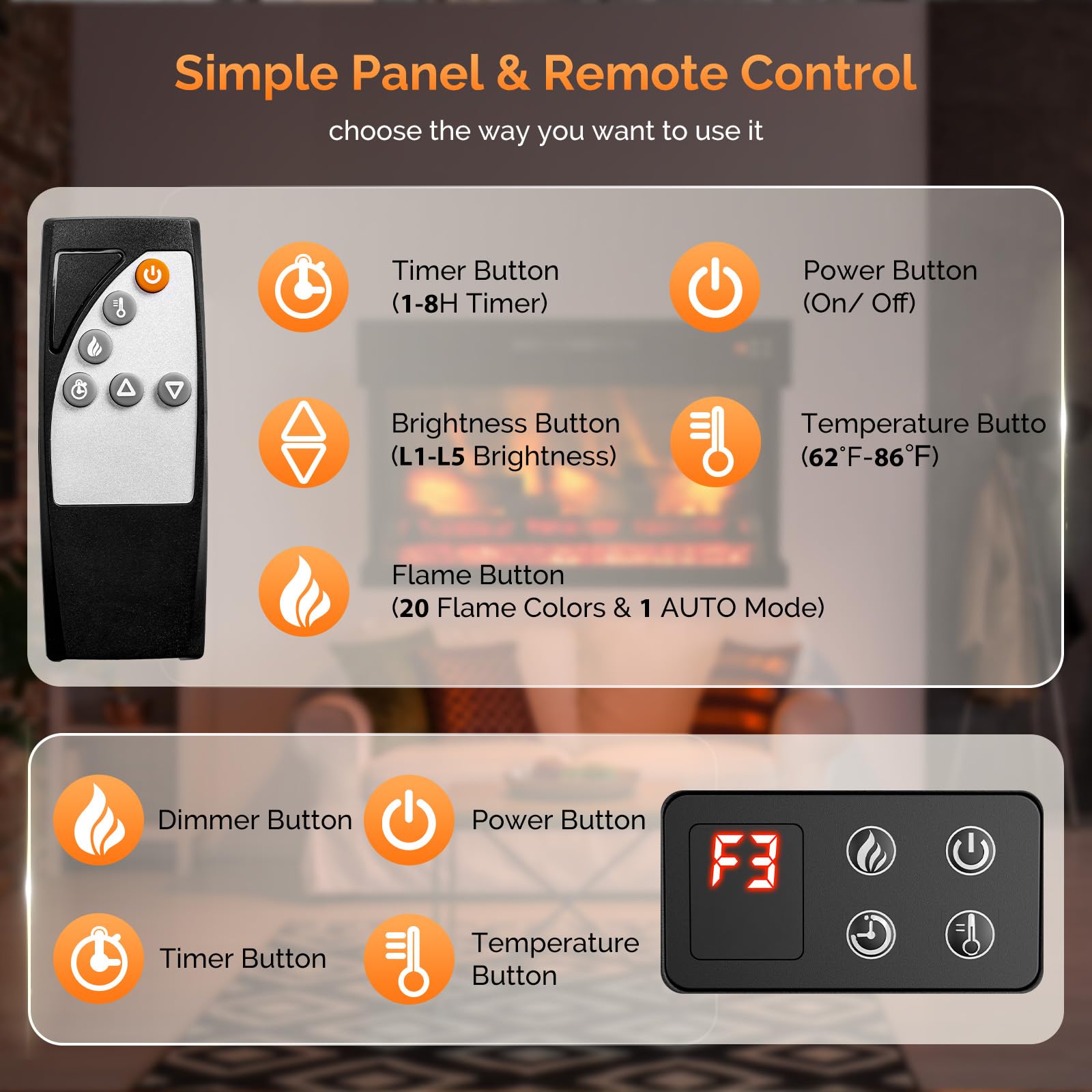 3-Sided Glass Recessed Electric Fireplace Insert with Remote & Timer