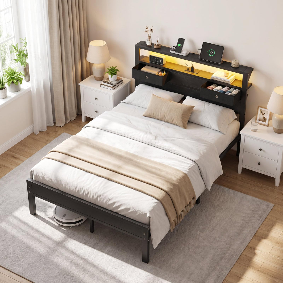 Kbun Full Size Bed Frame with 2 Fabric Drawers and Storage Headboard