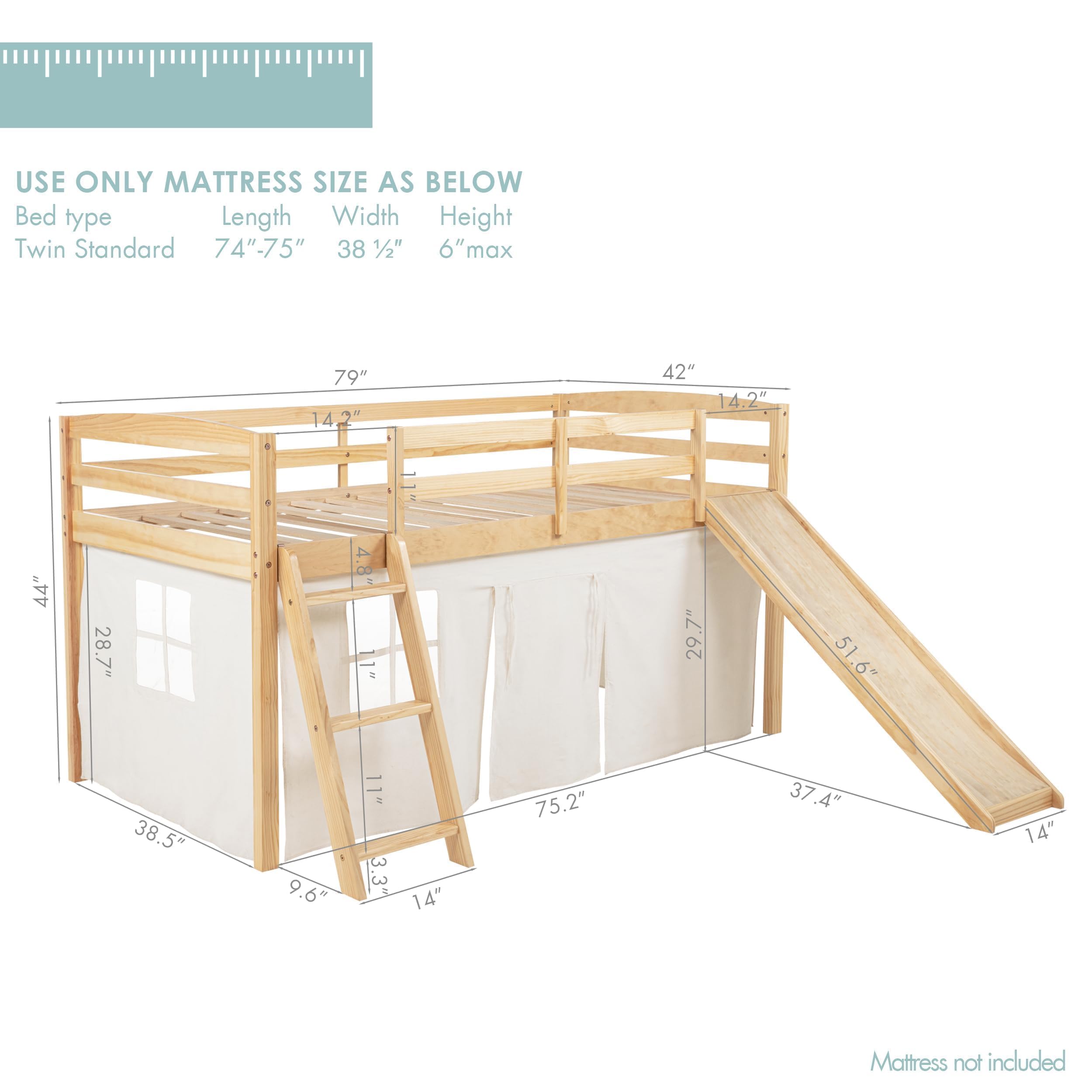 Kids Loft Bed with Slide & Tent