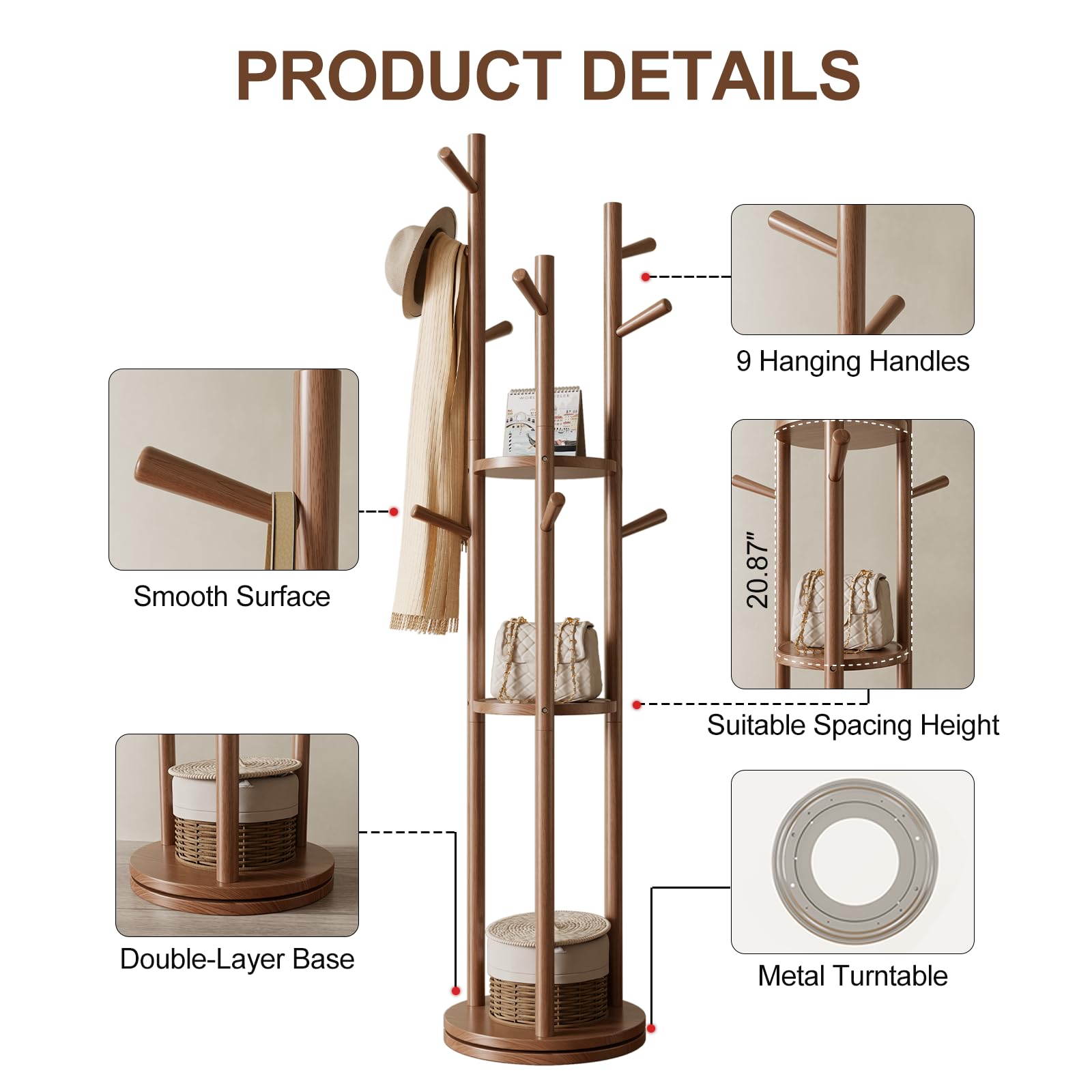 Rotating Freestanding Coat Rack with 3 Shelves & 9 Hooks