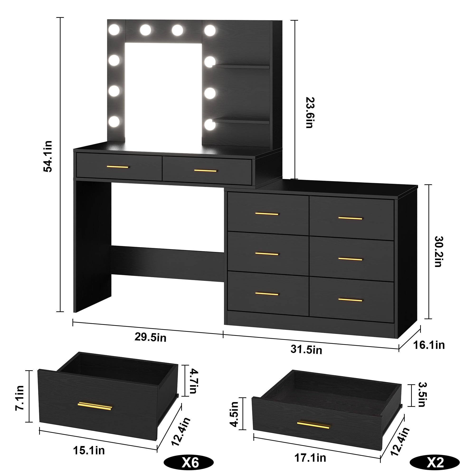 GarveeHome 61 in Make up Vanity Desk with Mirror and Lights, Black Vanity with 8 Wide Storage Drawers & 2 Tier Shelves, 3 Lighting Modes with Adjustable Brightness for Bedroom