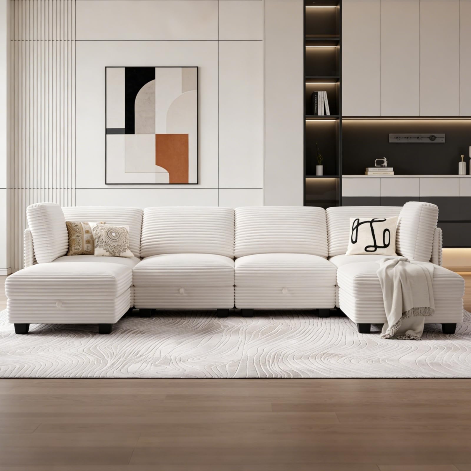 OhaiAura Modular Sectional Sofa with Adjustable Backrest, Convertible L/U-Shaped Sleeper Couch for Living Room, Cloud Sofa Bed Modern Reversible Design, Beige