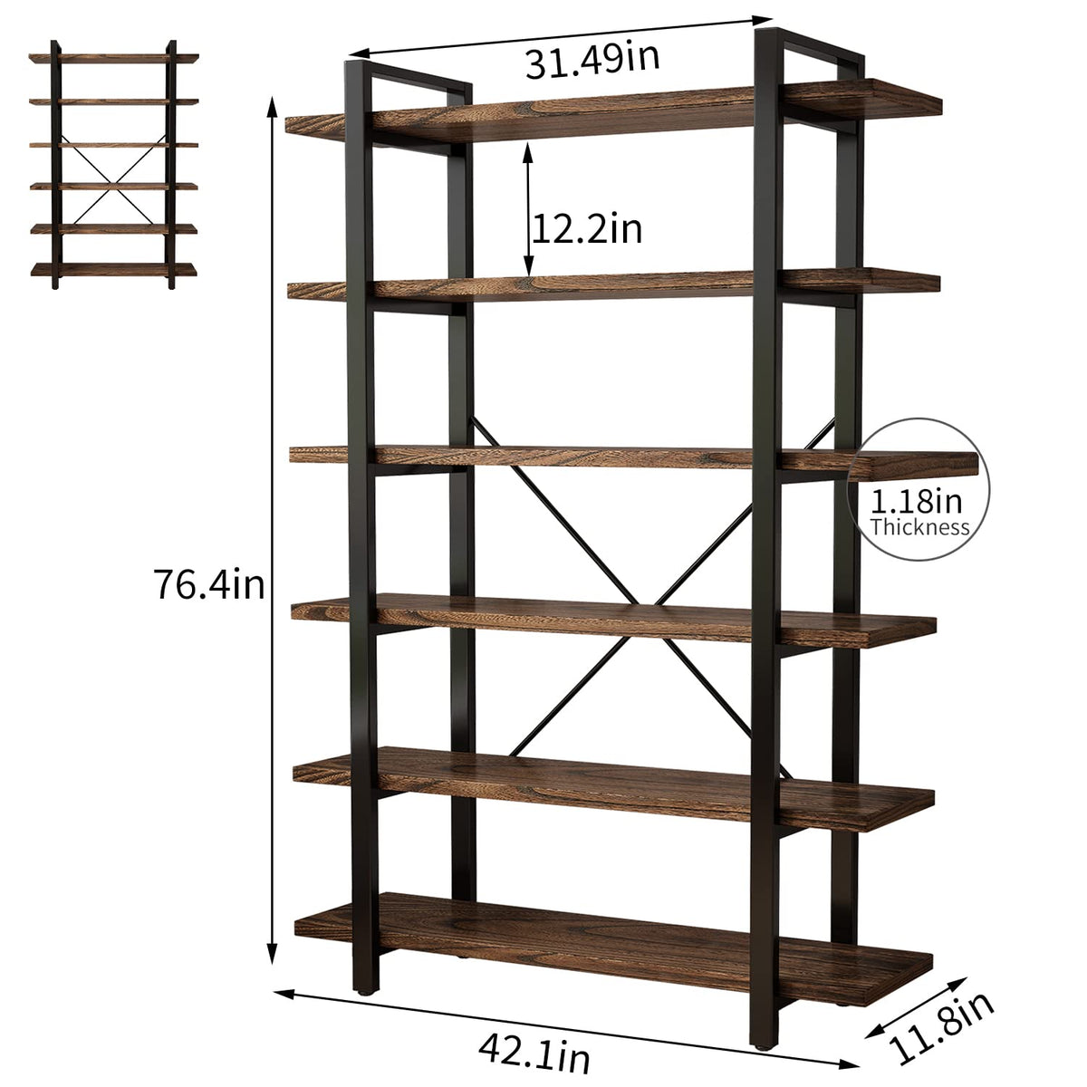 6-Tier Solid Wood Bookcase