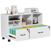 kepptory 2 Drawer Wood Mobile Large Lateral File Cabinet, Lockable Rolling Filing Cabinet with Storage Shelves, Printer Stand Office Storage Cabinet for Home Office Fits Files Legal/A4, White