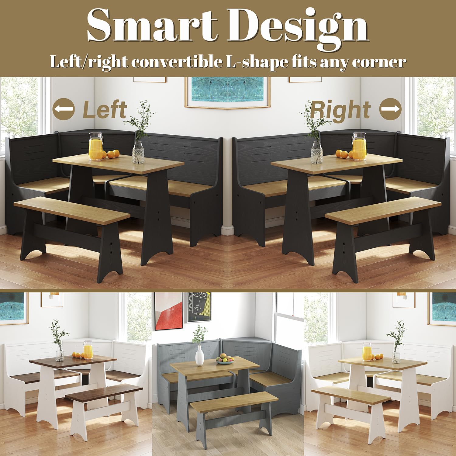 Breakfast Nook Kitchen Corner Dining Table Bench Chair Set, Hidden Storage Space-Saving 3-4 Seat L-Shape Farmhouse Mid Century Modern Style for Family Home Black Wood