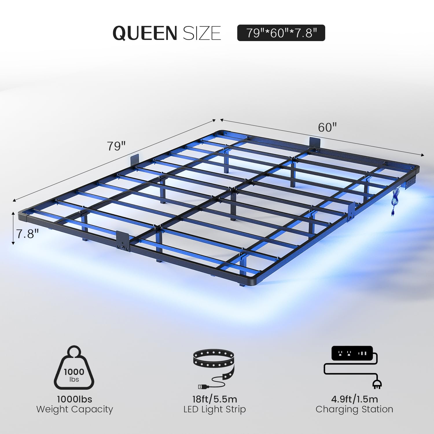 Floating Bed Frame with LED Lights & Charging Station