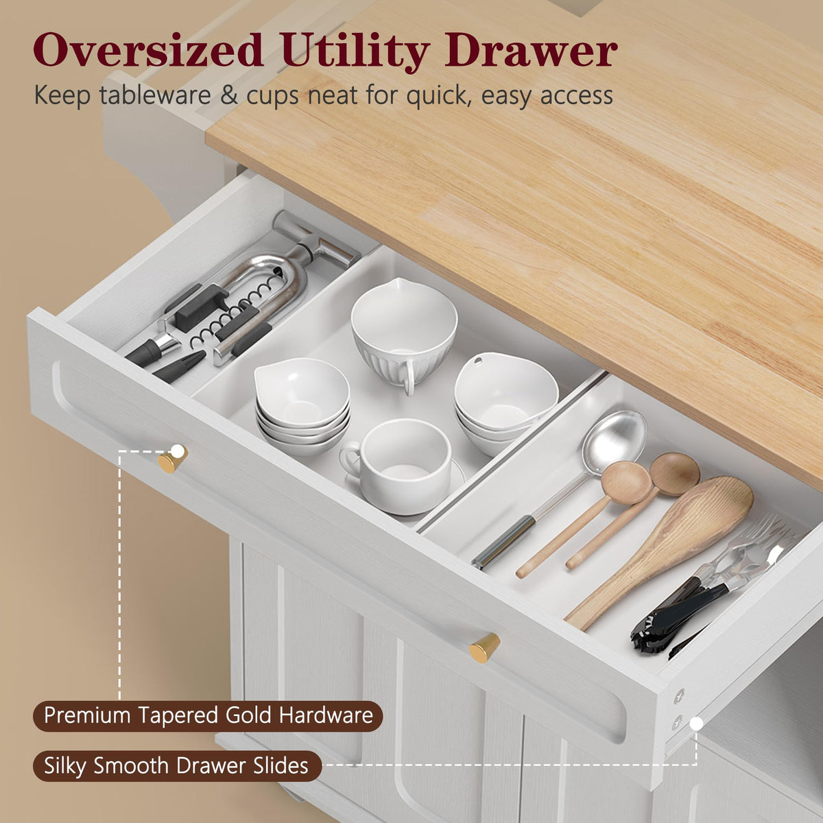 HLR 60" Kitchen Island with Trash Can Storage, Large Mobile Kitchen Island
