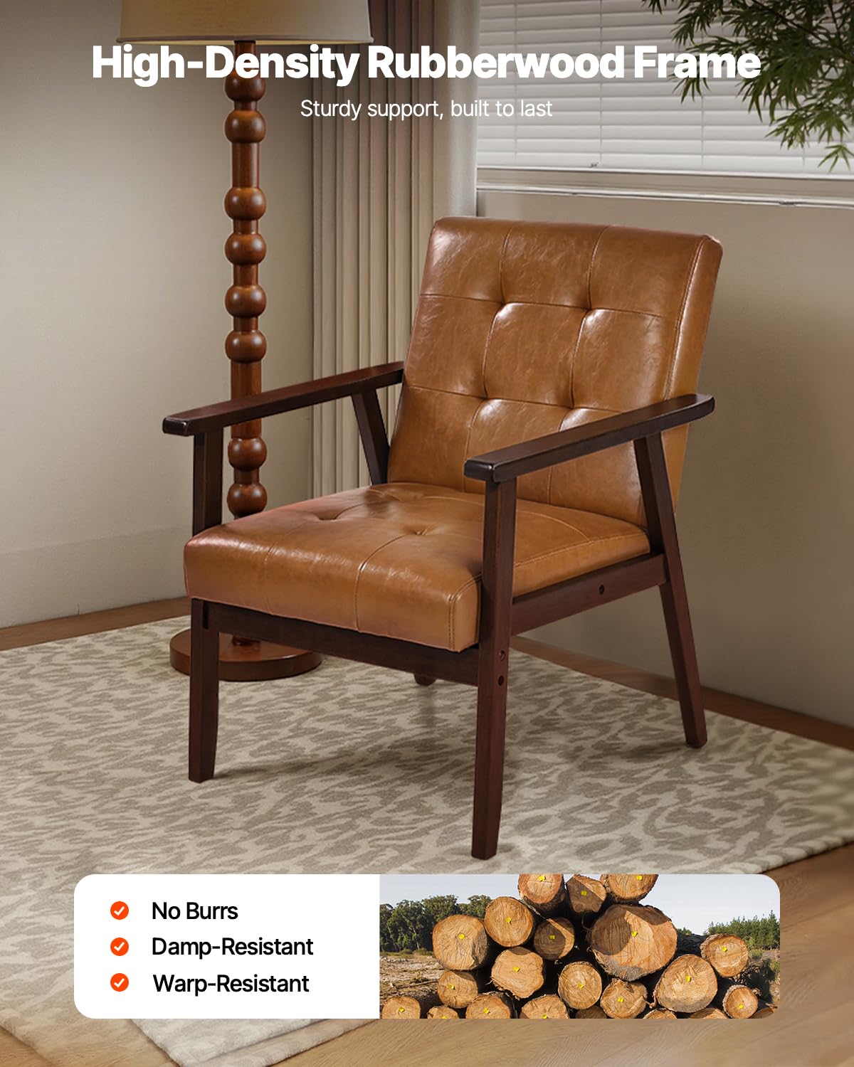 VEVOR Accent Chair, Mid Century Modern Armchair with Solid Wood Frame and Non-Slip Legs, Upholstered Leisure Chair with PU Leather and Soft Cushion, for Living Room, Bedroom, Office