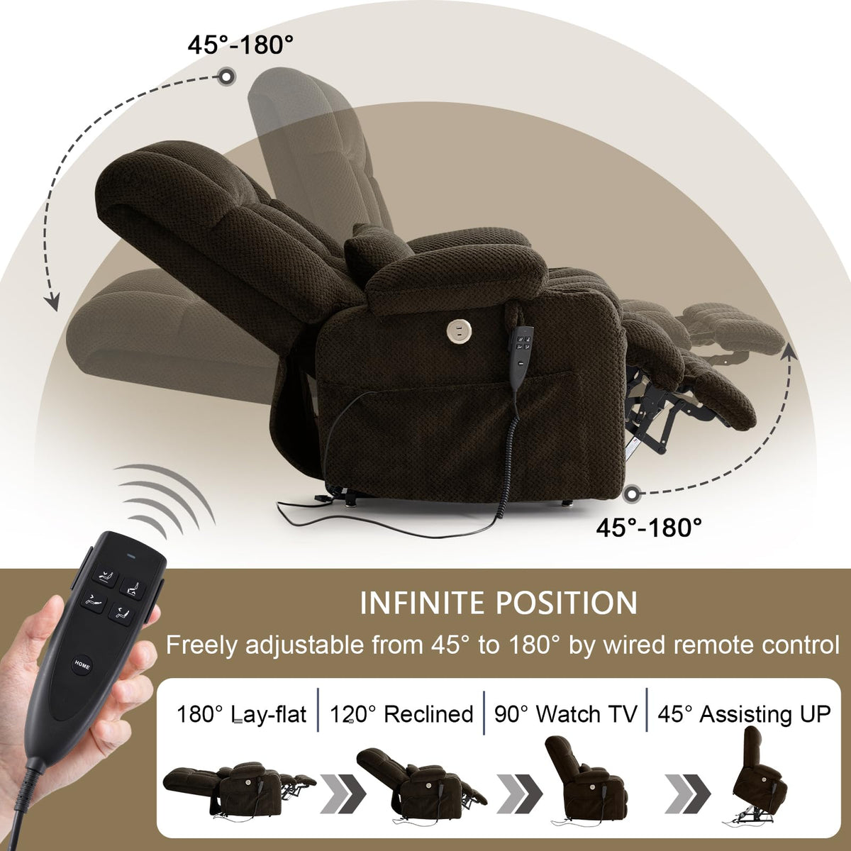 Infinite Position Power Lift Recliner Chair for Elderly & Adults, Brown