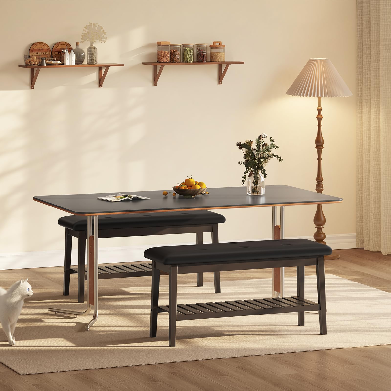 HOOBRO Dining Bench, Bamboo Dining Room Bench, 2-Tier Entryway Bench with PU Leather Upholstered Seat, Kitchen Bench for Living Room, Hallway, Entryway, Bedroom, Kitchen, Brown and Black CB70HX01