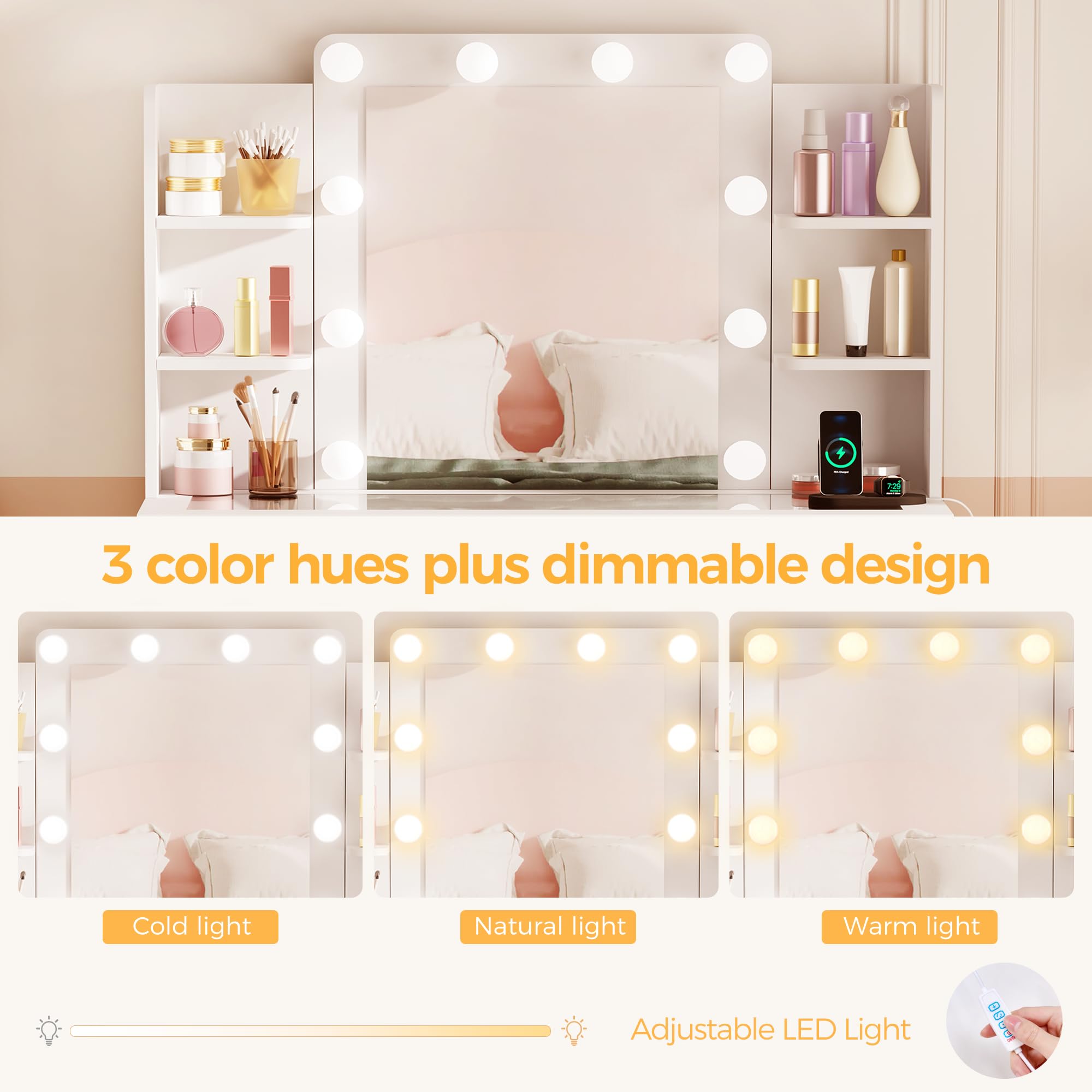 Vanity Desk with Mirror, Lights & Stool