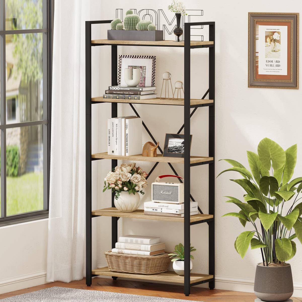 5-Tier Industrial Bookshelf with Metal Frame