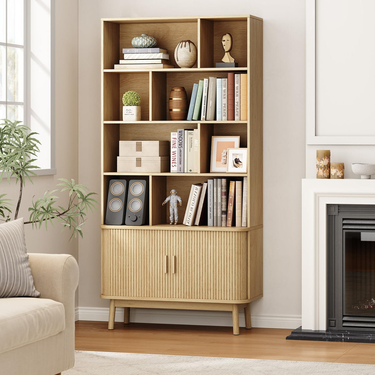 ONBRILL 71" Tall 8-Cube Bookshelf, 35.4" Wide Bookcase with Door, Oak