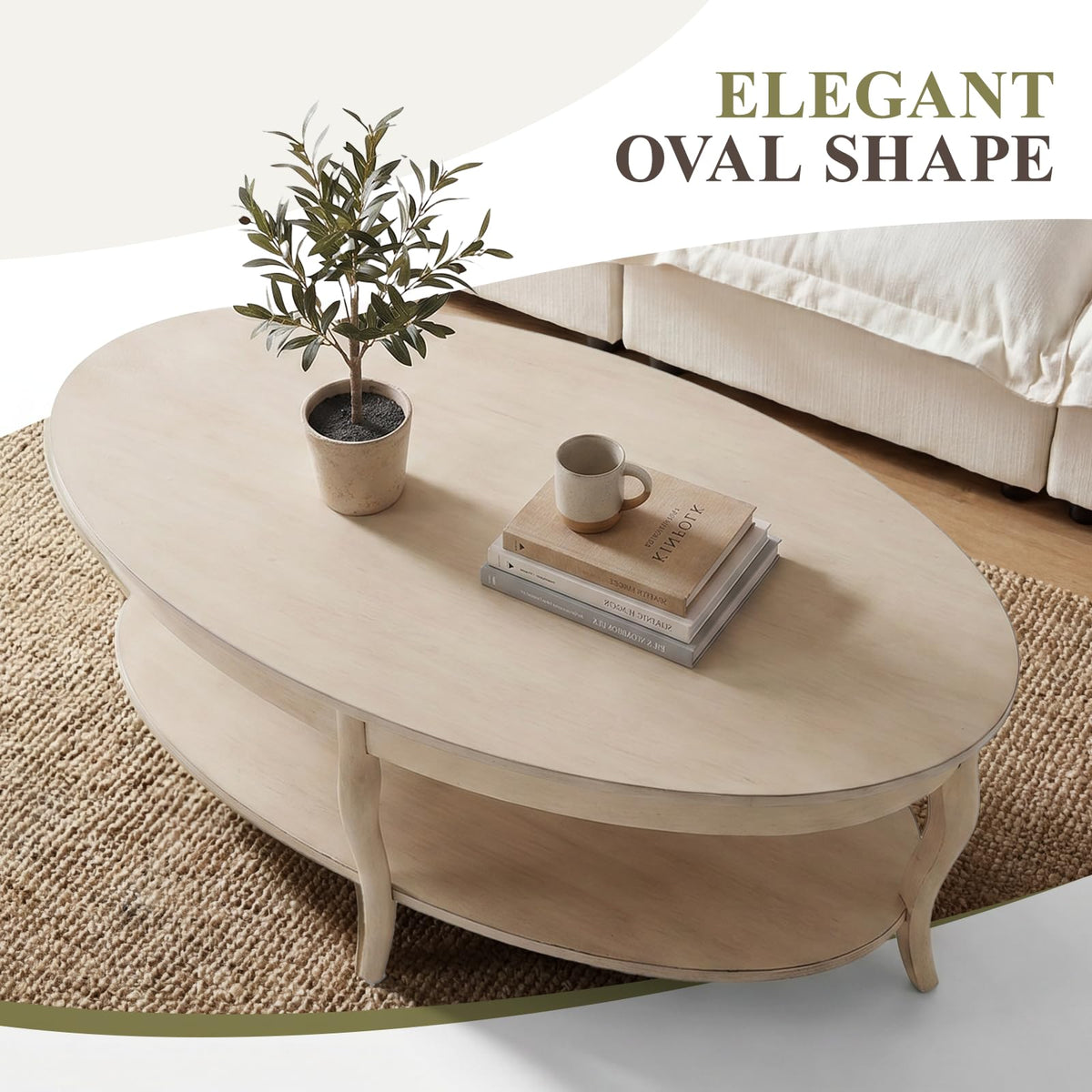 Oval Solid Wood Coffee Table with Storage