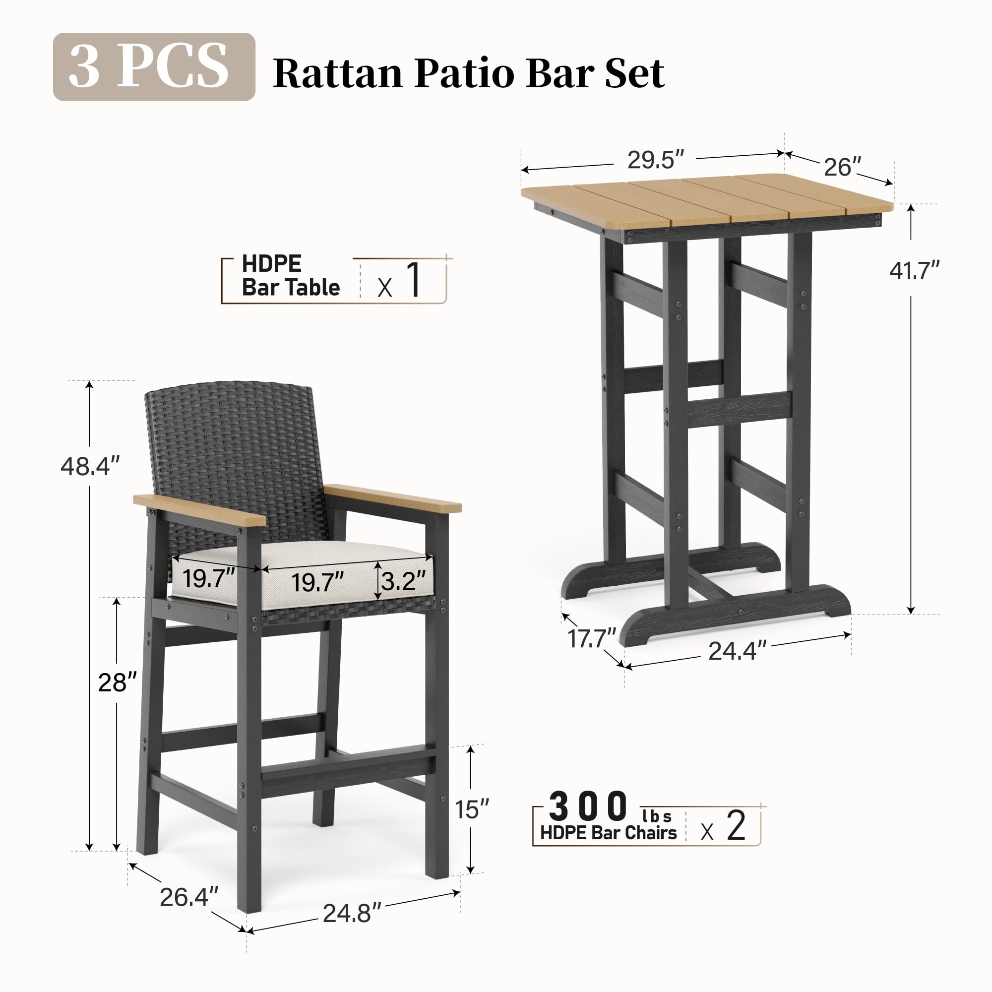Outdoor Bar Set 3-Piece with High Top Table & Wicker Bar Chairs