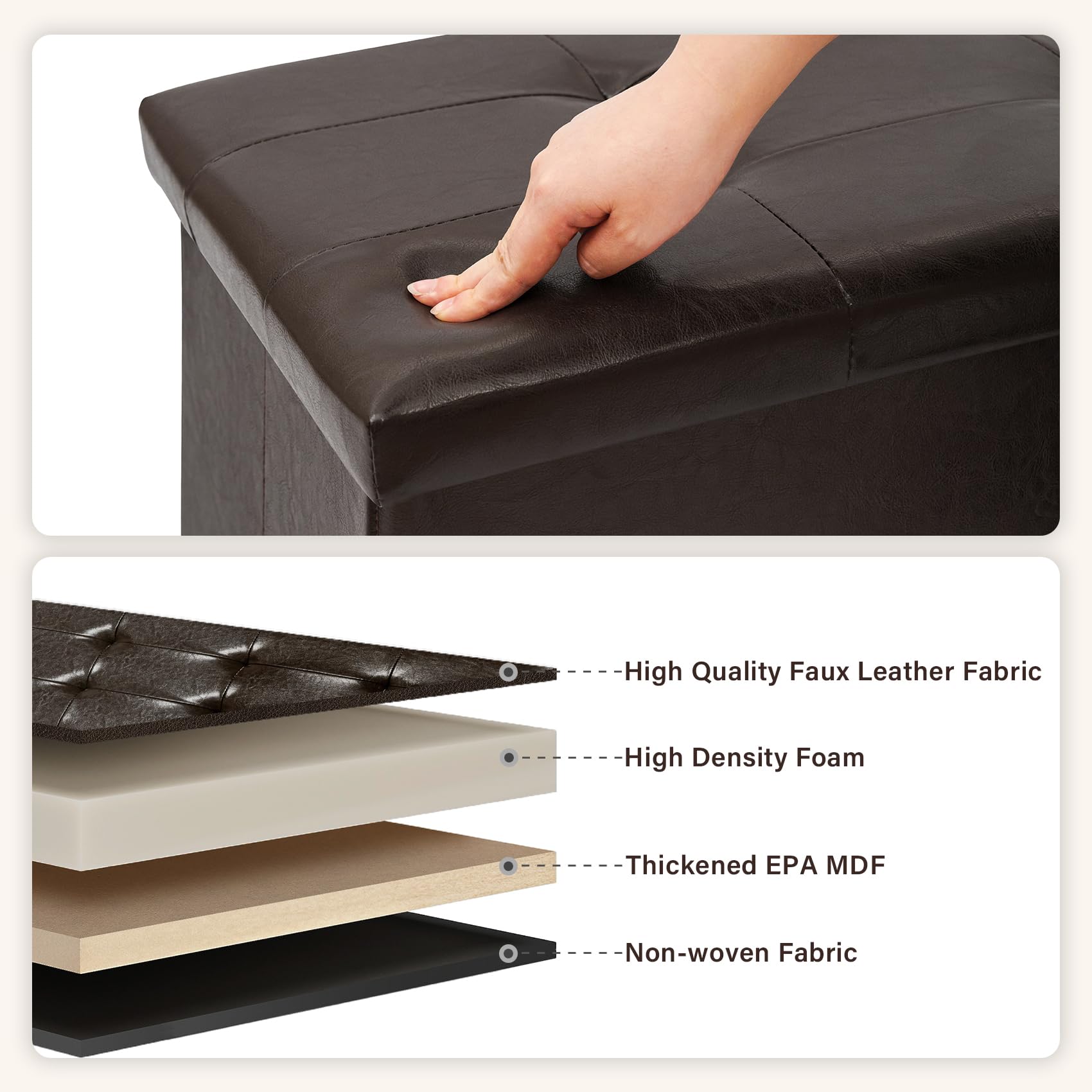 Folding Storage Ottoman Bench with Faux Leather Upholstery