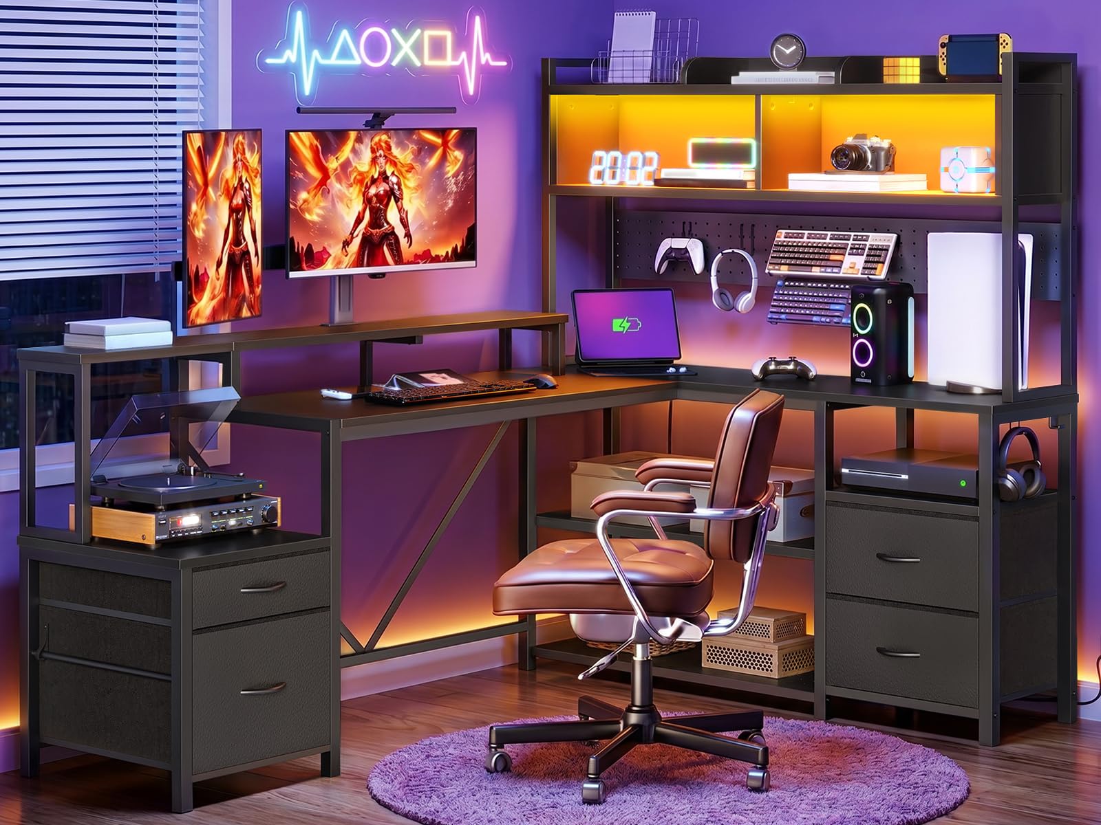 75" L-Shaped Gaming Desk with Hutch & Storage