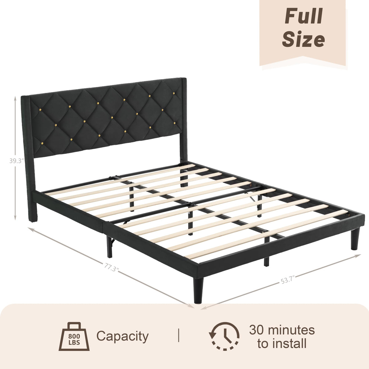 DUMGTIF Full Size Platform Bed Frame with Velvet Headboard