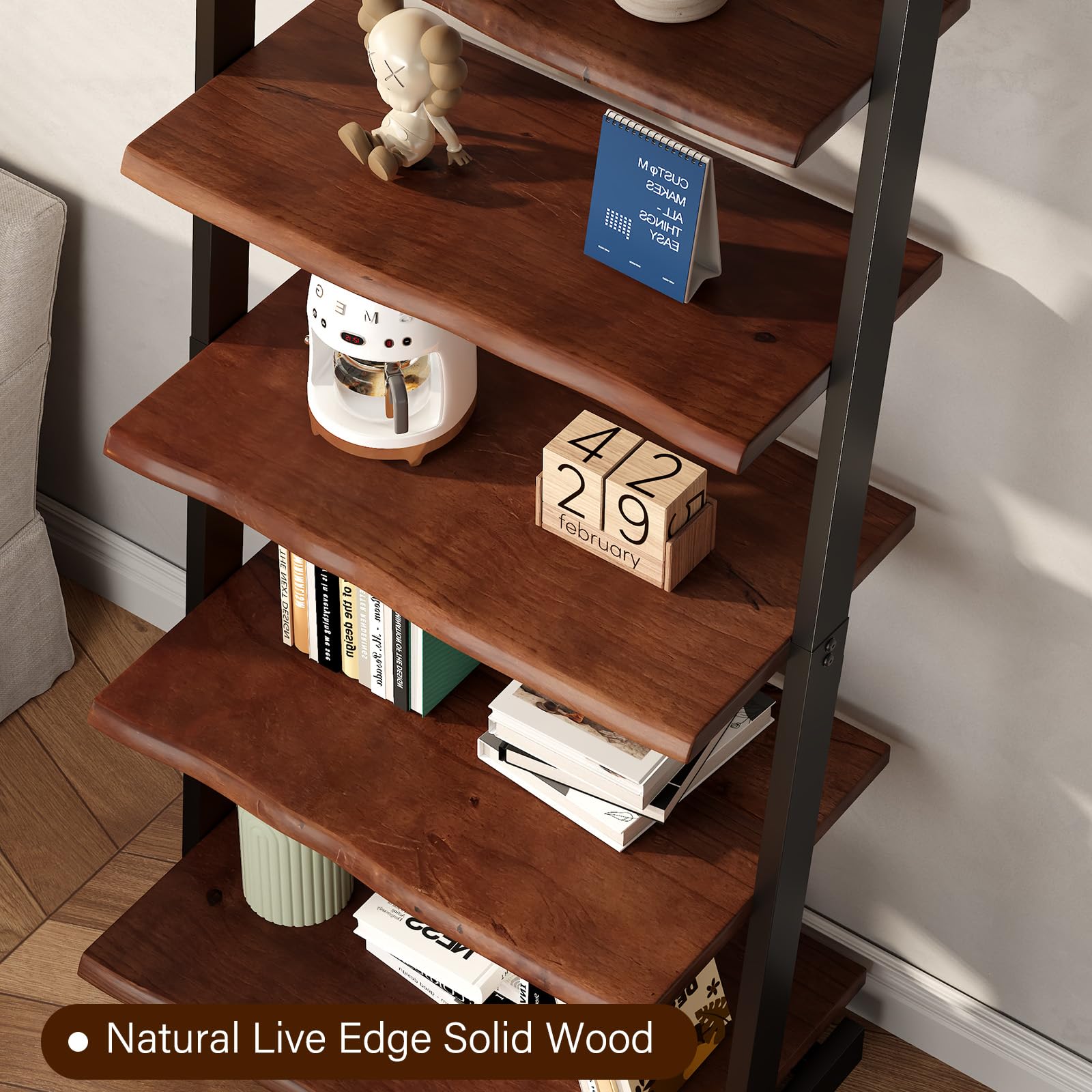 Solid Wood Ladder Bookshelf with Live Edge
