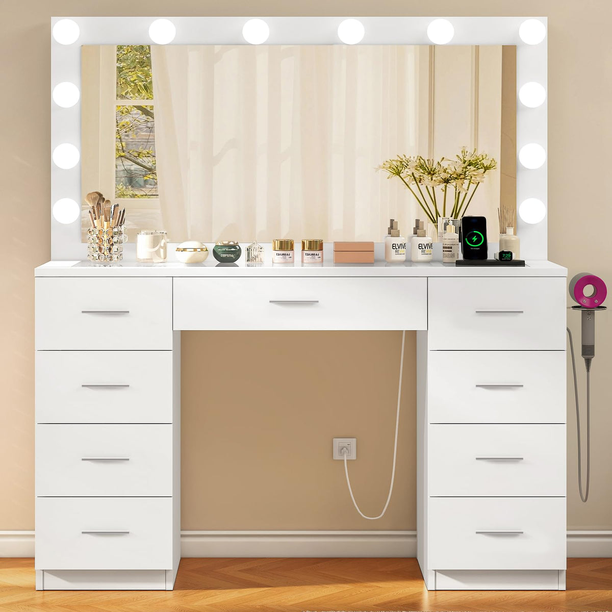 9-Drawer Vanity Desk with LED Mirror