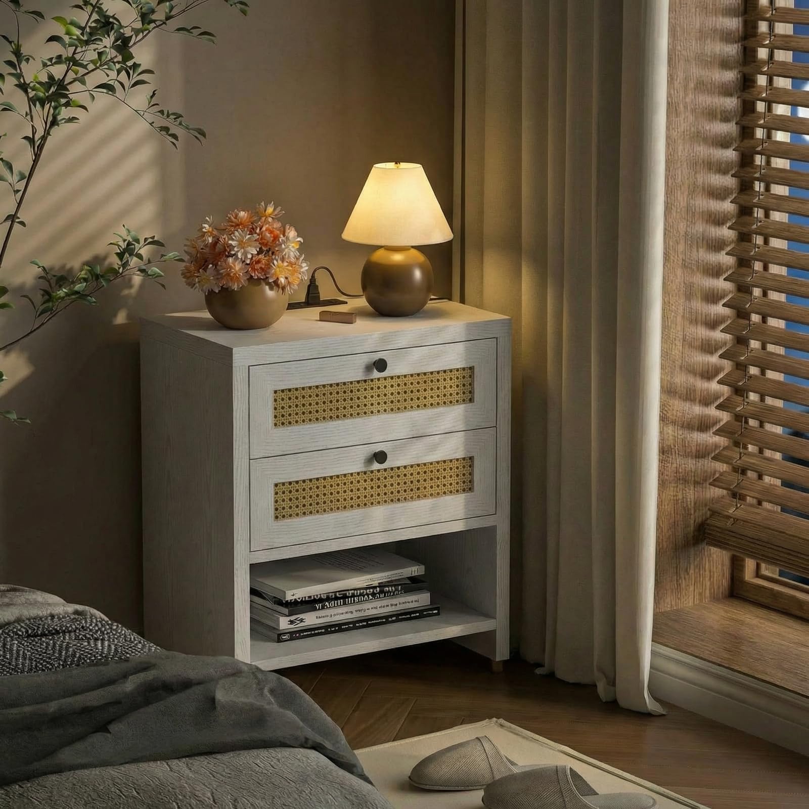 LIKIMIO Rattan Nightstand, 23inch Large White Nightstands Set of 2 with 2 Drawers and Charging Station, Boho Night Stand with Open Shelf for Bedroom, White Oak