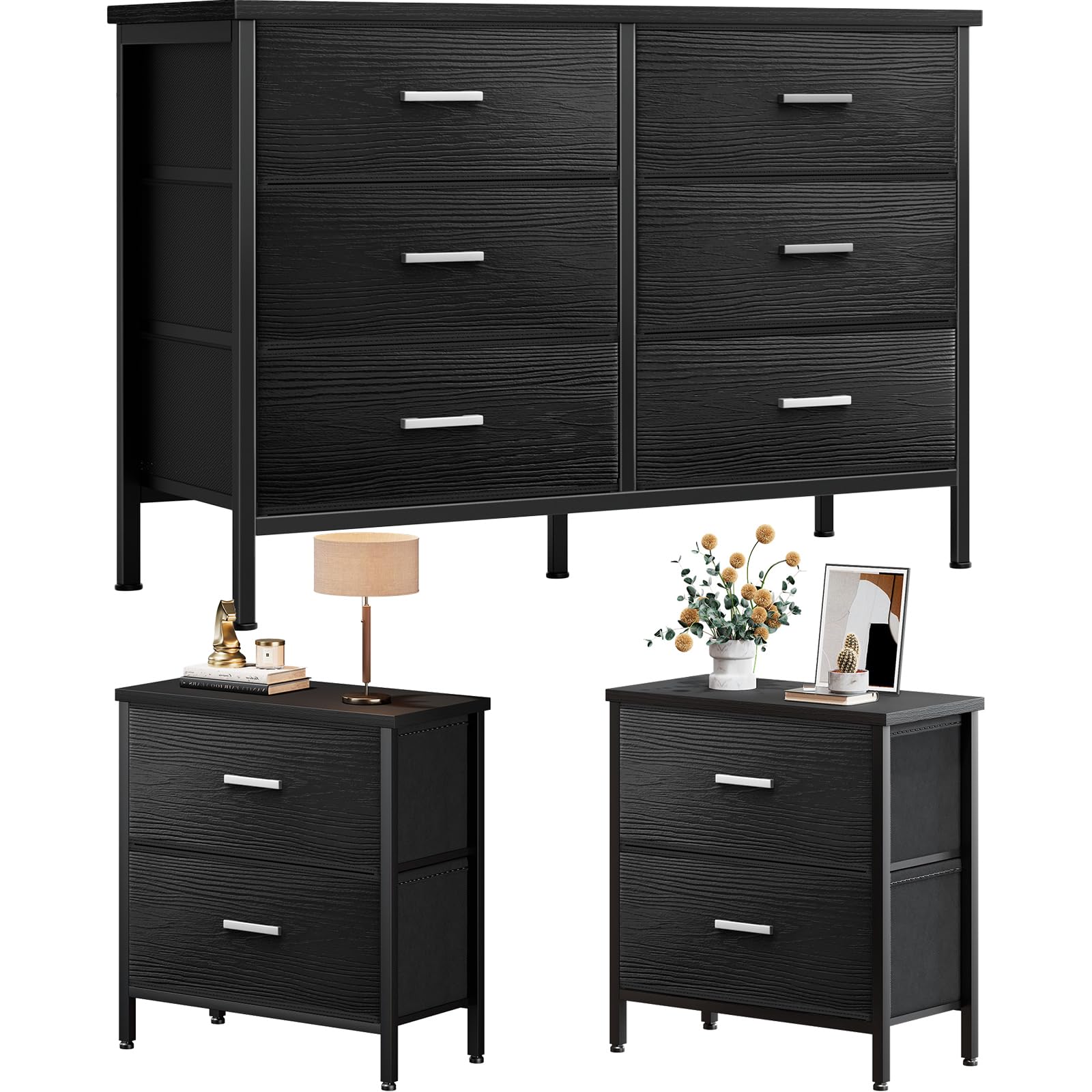 KAI-ROAD Bedroom Sets Nightstand Set 3 Piece Black with 6 Fabric Drawers Modern