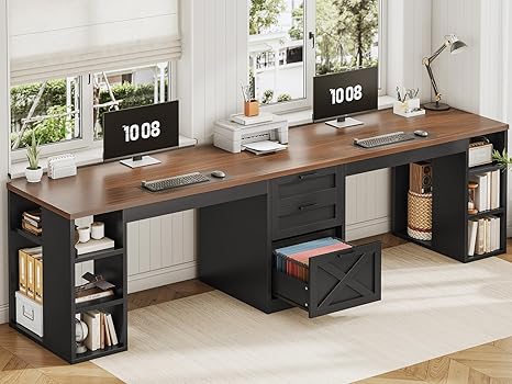 96.5" Two-Person Farmhouse Desk with Drawers & Storage