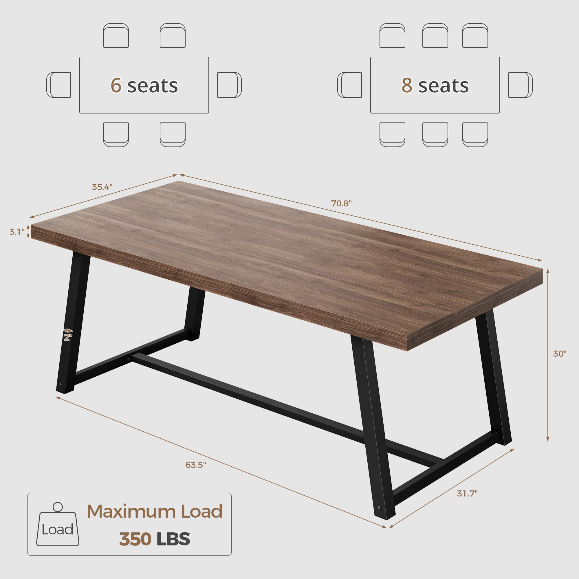 71" Rectangular Dining Table for 6–8