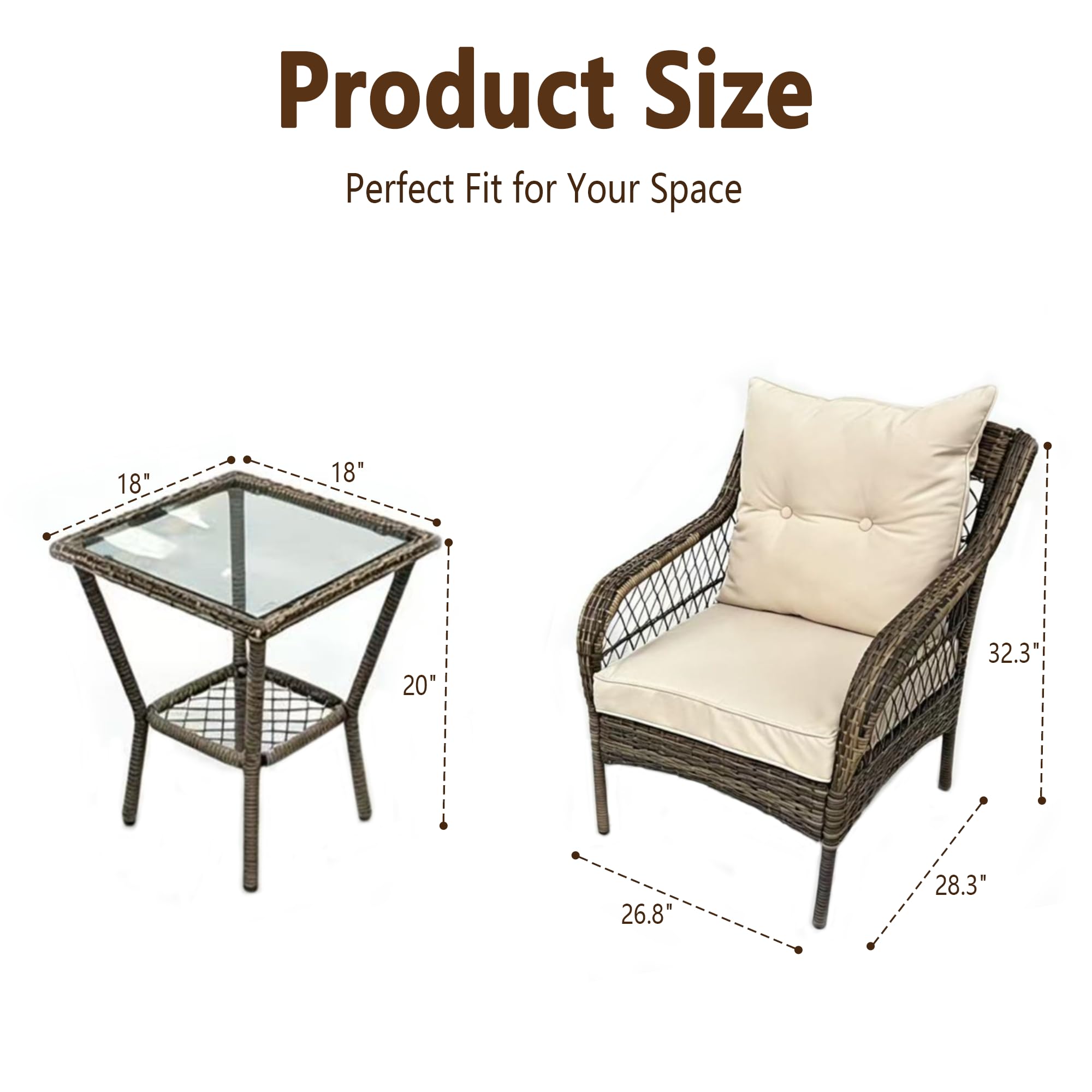 3 Piece Outdoor Wicker Patio Furniture Set, Rattan Conversation Bistro Set with 2 Arm Chairs & Tempered Side Table, All-Weather PE Rattan Chairs with Cushions for Backyard, Balcony, Garden, Beige